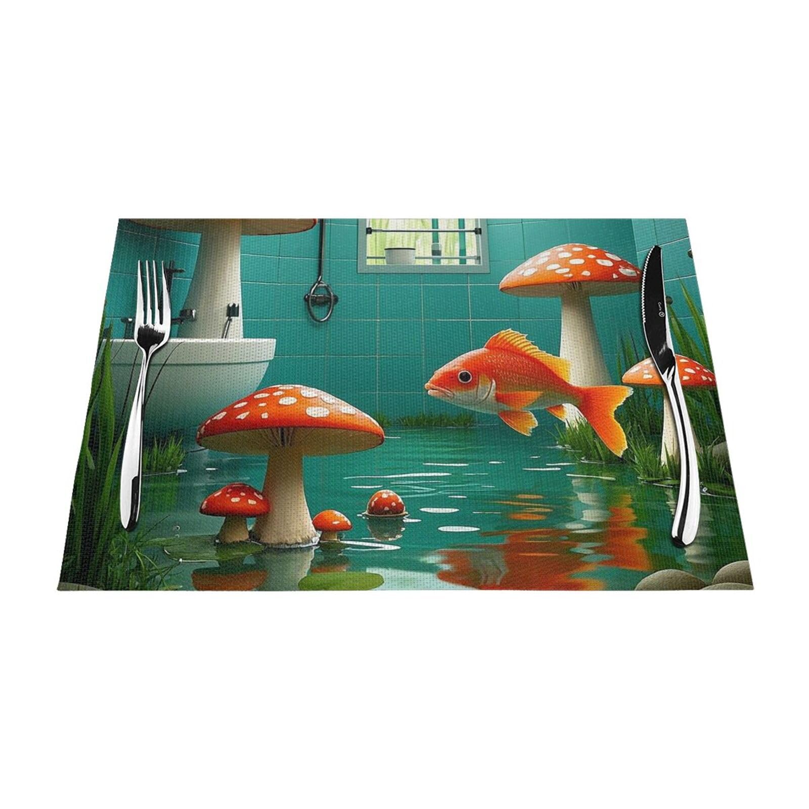 Redfish and Mushroom Fantasy River Belt Ponds Placemats Set of 6 PCS - Woven Vinyl Kitchen Table Placemats - Heat Resistant Non-Slip Place Mats for Dining Table, Washable Table Mats 12x18 Inch