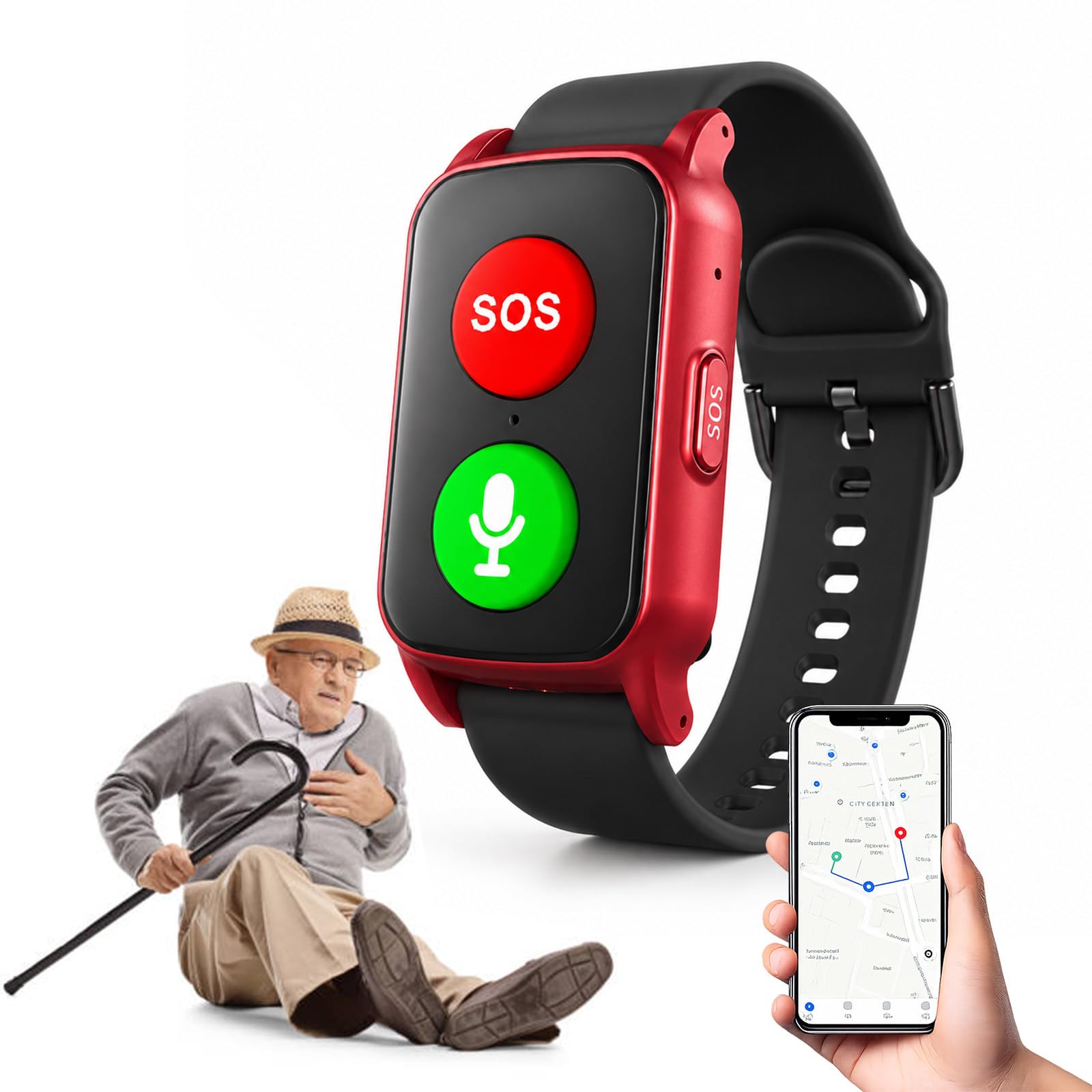 Smartwatch di Allerta Medica per Anziani con Rilevamento di Caduta, Tracciamento GPS e Monitoraggio della Salute, Impermeabile, Pulsante Rosso