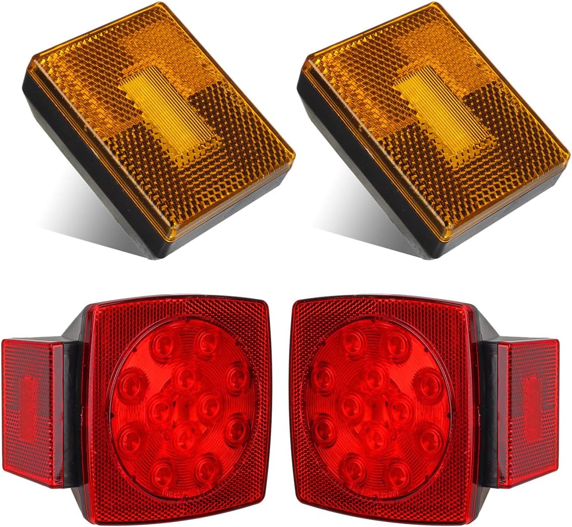 Partsam 12V LED Submersible Left and Right Trailer Lights Stop Tail Turn Signal Lights + Square Led Side Marker Clearance Lights w/Reflex Lens for Under 80 Inch Boat Trailer Truck RV Marine