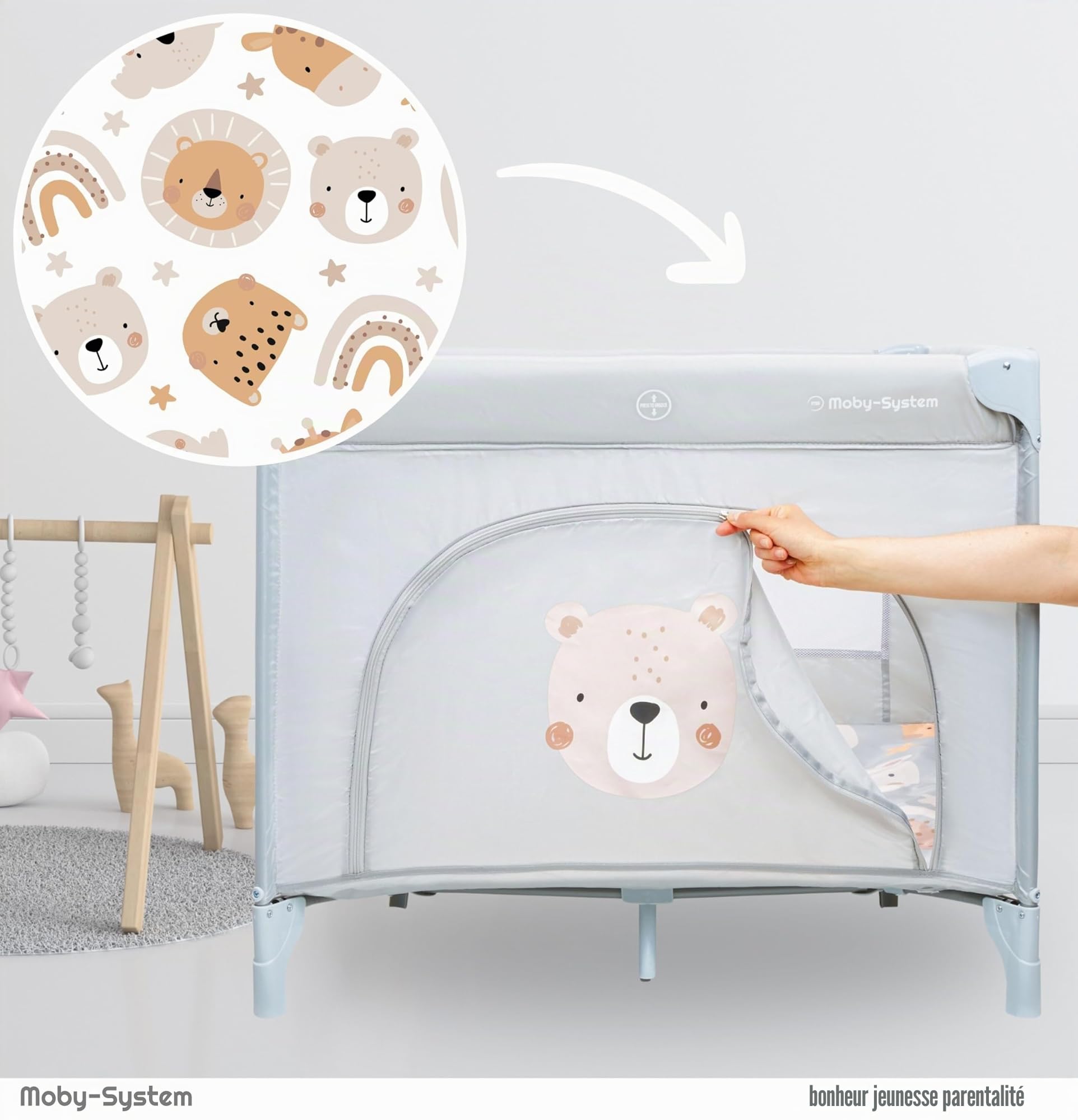 Moby-System Parc Bébé avec Matelas et Sac de Transport - Lit Parapluie Pliable, Roues Verrouillables, Cadre Stable - Motif Ours en Peluche - 97 x 100 x 77 cm (3 Articles)