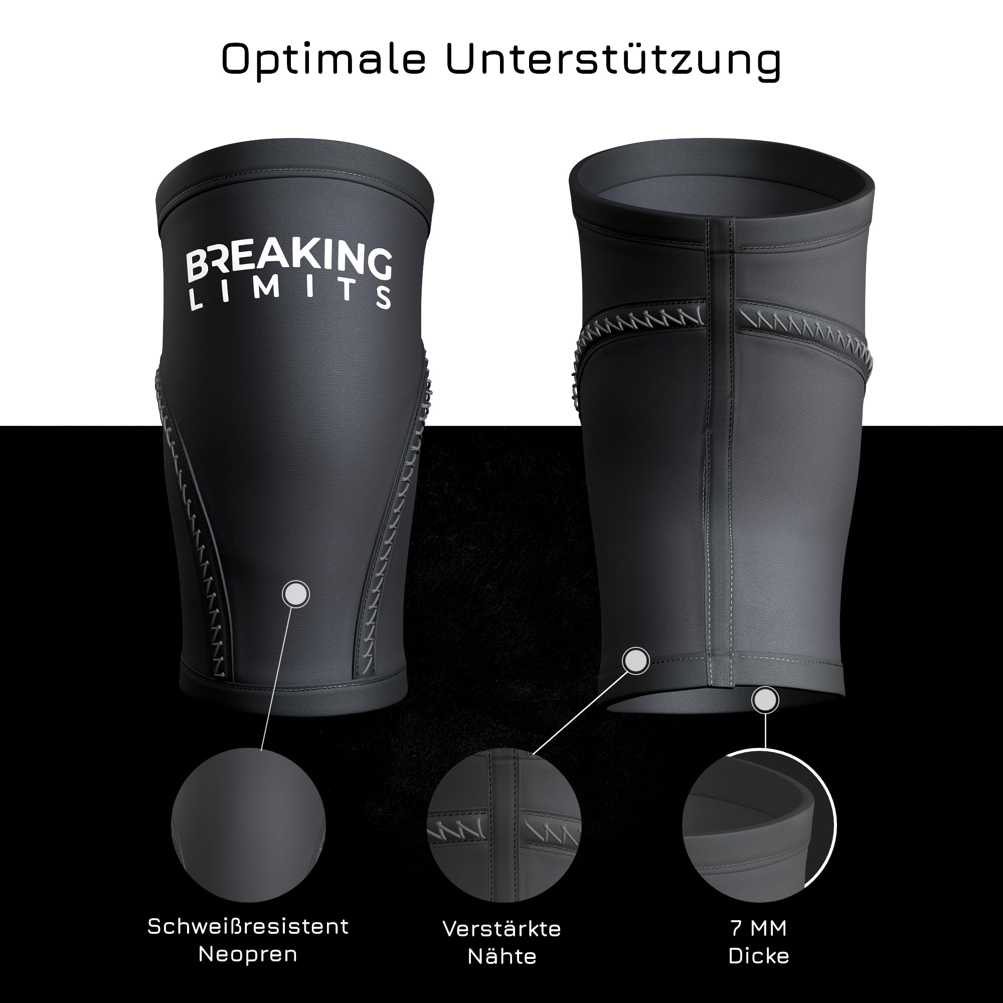 BREAKING LIMITS Genouillère - Genouillère de compression respirante - Pour la musculation, la gym - Pour la compression et les douleurs articulaires - En néoprène de 7 mm - 6 tailles (Noir, L)