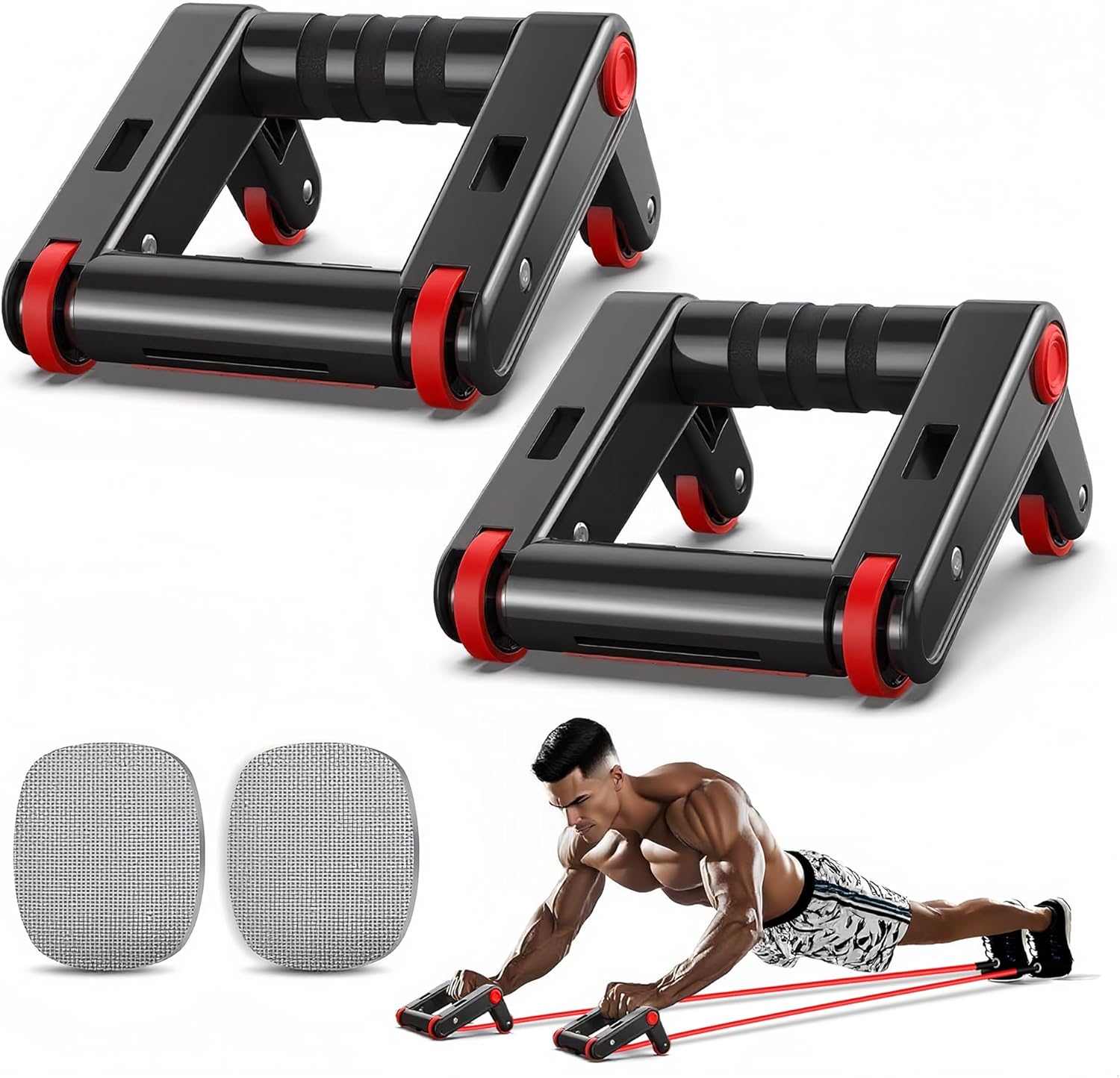 Heavy-Duty Push Up Bars & Ab Roller Wheel Set – 2-in-1 Core Strength Training Equipment for Home Gym, 500LB Capacity, Non-Slip Handles with Knee Pad for Men and Women