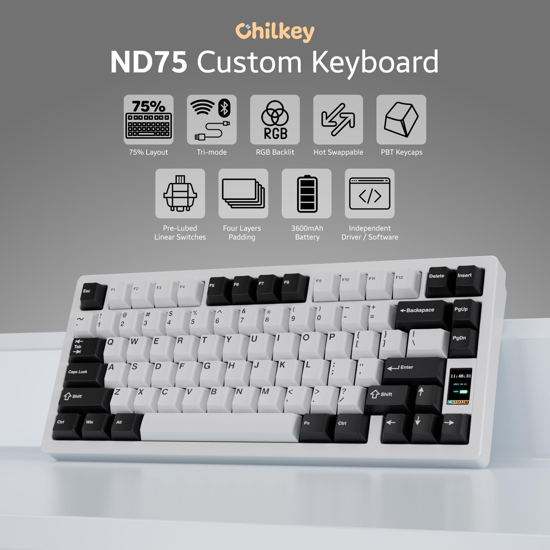 OOCTPK Chilkey ND75 Keyboard com Full Aluminum, 75% Wireless