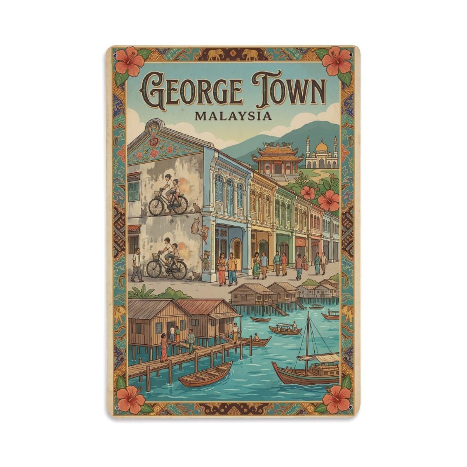 Travel Retro Malaysia George Town Metal Tin Sign Plaque Wall Decor for Cafe, Club Bar, Office, Garden Metal Poster 8x12Inch