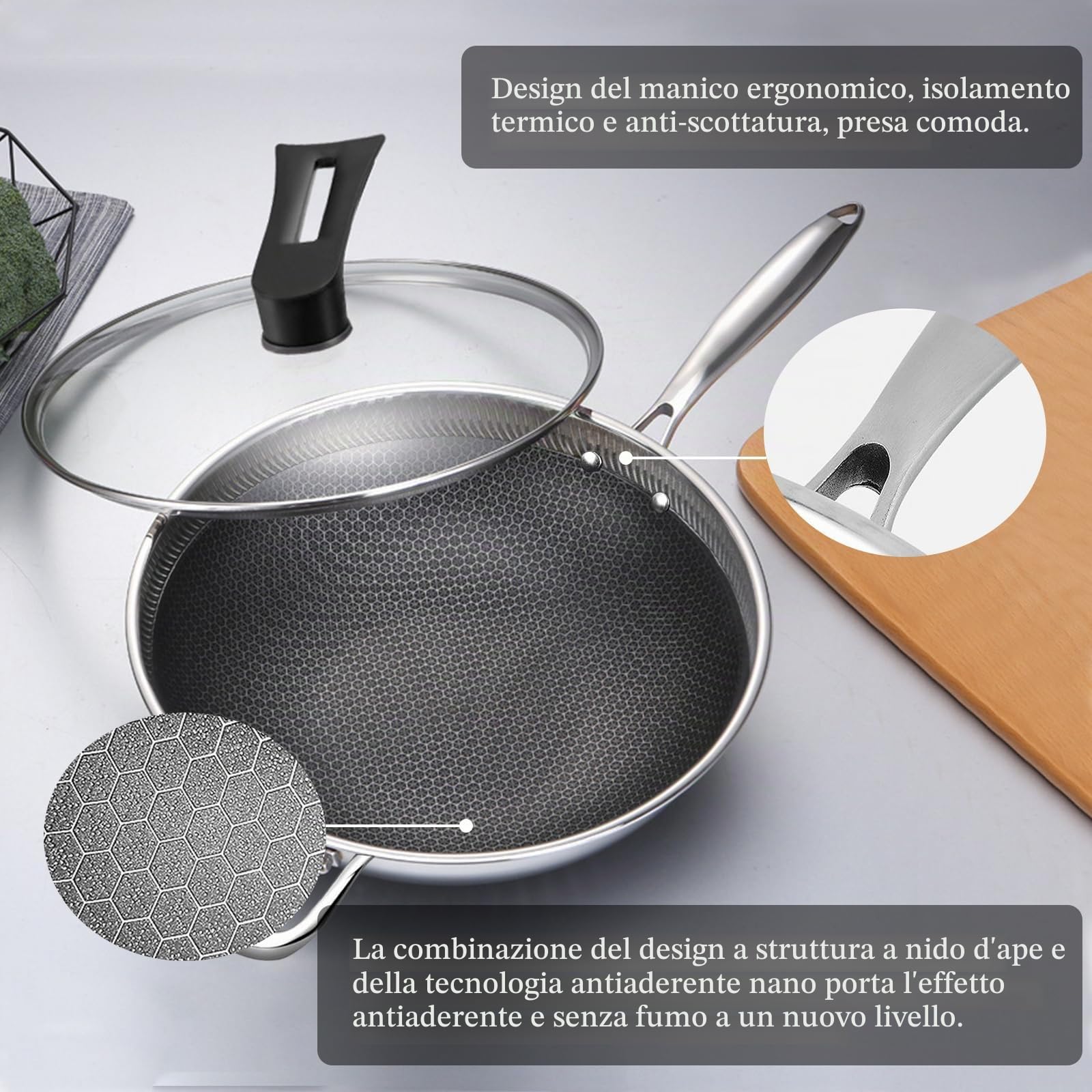 Wok - Padella antiaderente da 32 cm, in acciaio inox, con coperchio, spatola, manico per rimanere freddo, padelle per friggere a induzione, adatte per piani cottura a induzione, in ceramica, elettrici