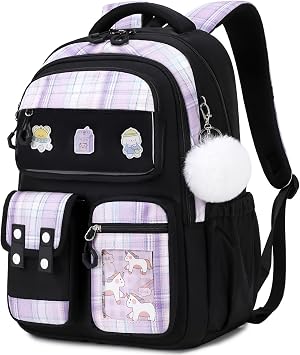 Kids Backpack for Girls - Kawaii School Backpack with Cartoon Pins & Pom Pom Charm - Lightweight Water Resistant Bookbag for Elementary Students - Travel Backpack with Luggage Strap - Black