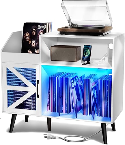 Miniatura 7 de Loomie Soporte grande para tocadiscos con toma de corriente y luz LED, gabinete de almacenamiento de discos de vinilo 350 con puerta magnética, mesa