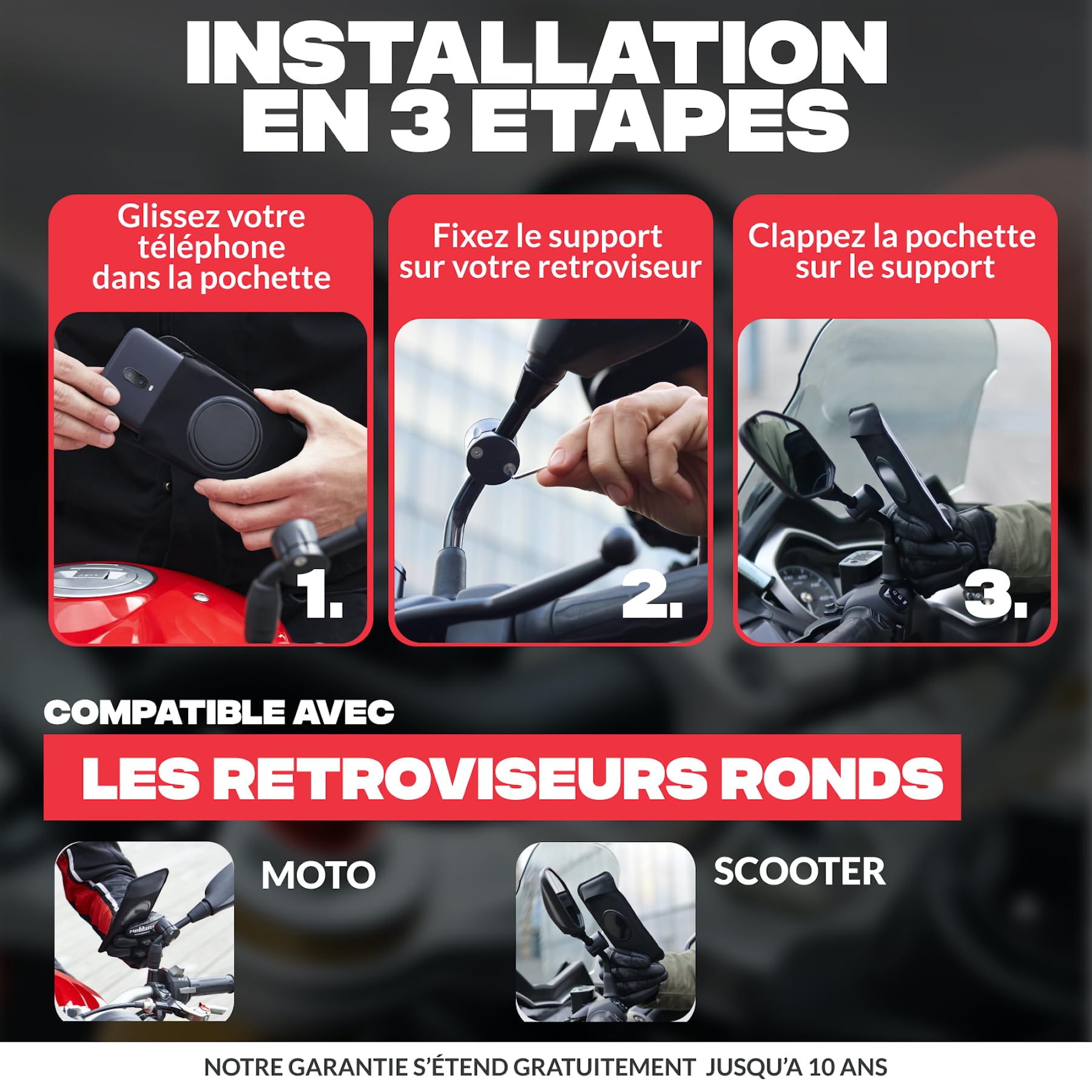 Shapeheart Support Téléphone Rétroviseur Moto Magnétique - Pochette Étanche Tactile XL - Fixation Vissée Rétroviseur Moto, Scooter - Housse Smartphone Imperméable - Système Stable Amovible