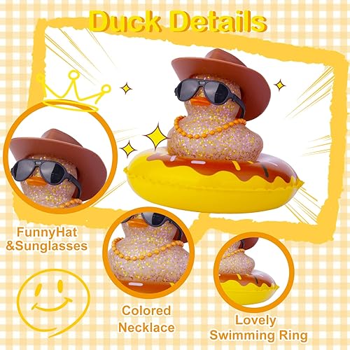 Miniatura 2 de Adorno de pato de lentejuelas para automóvil, pato de goma para decoración de salpicadero, accesorios con mini sombrero de sol, anillo de natación,