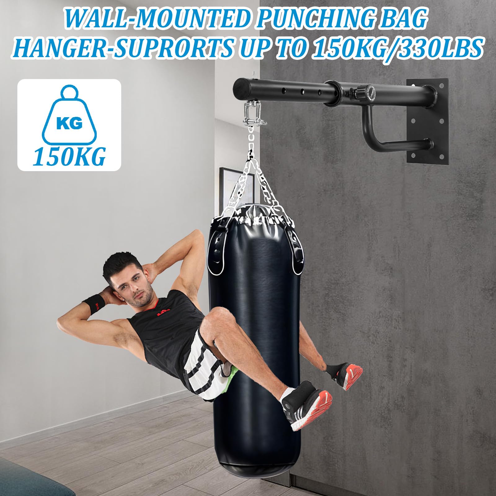 Support pour Sac de Boxe, Fixation Murale pour Sac de Boxe, Réglable et Pivotant, Capacité 150 kg, pour Salles de Sport Domestiques/Garage/Caves