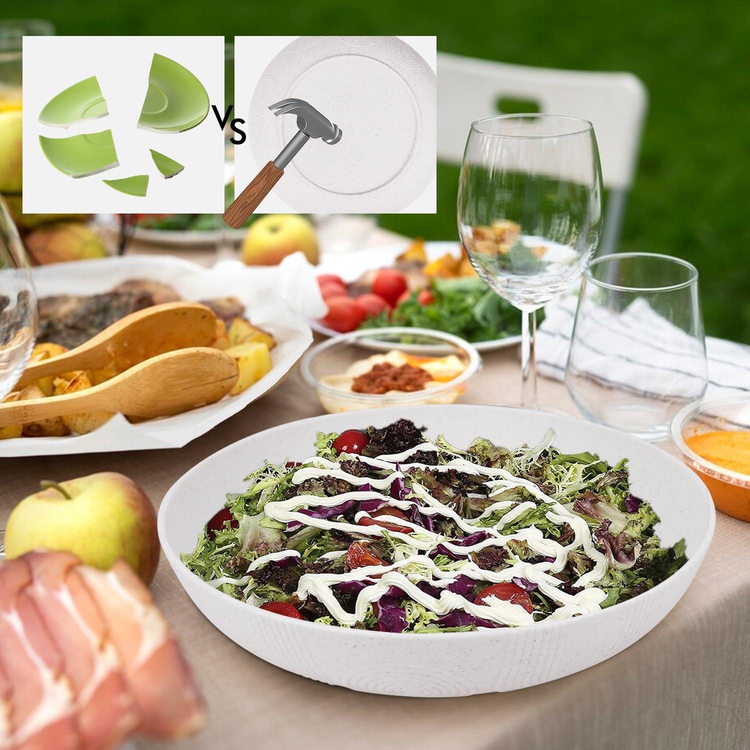 Wrova Salad Bowls 10inch Serving Bowls 65oz Large Salad Bowls Wheat Straw Bowls Set of 2 Wide and Shallow Plastic Salad Bowl for Kitchen Microwave & Dishwasher Safe.White - Image 6