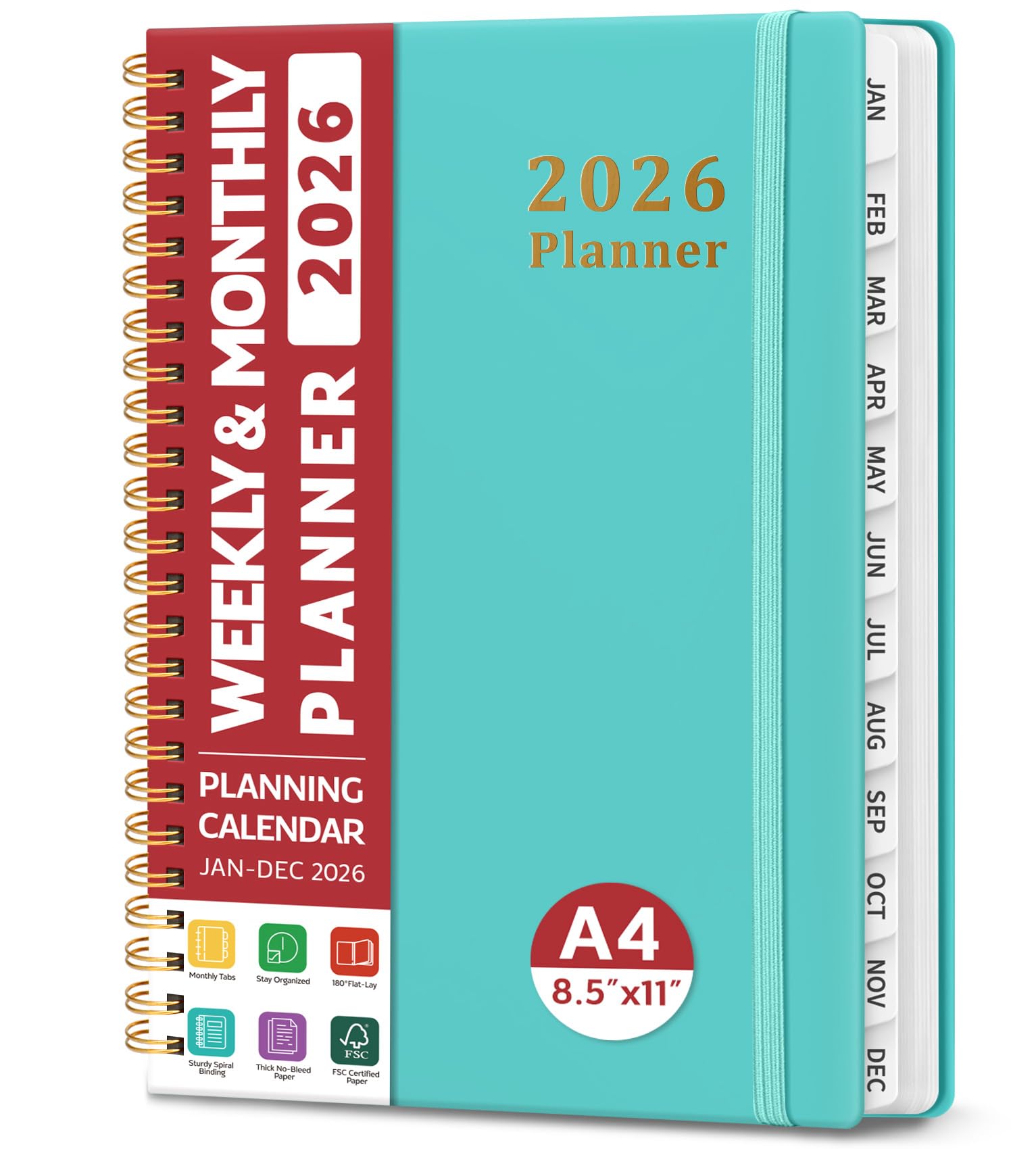 Agenda 2026, calendario settimanale e mensile, da gennaio 2026 a dicembre 2026, copertina rigida, con linguette per donne e uomini, tasca interna, rilegatura a spirale, perfetto per ufficio, casa