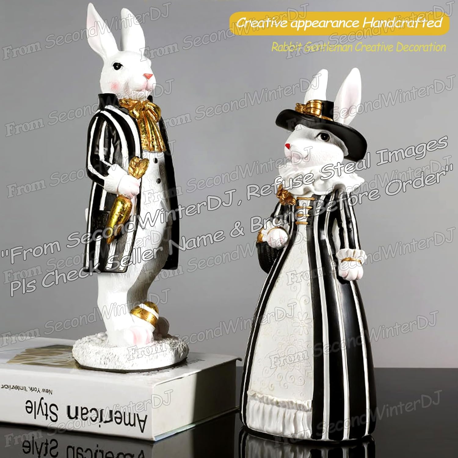 Rabbit Gentleman Decor Bunny Polyresin Decorations, Handsome Hare Sculpture Figurines Home Statues, Desktop Bookshelf Art Figures, Indoor Desk Ornaments for Living Room Bookcase (Black-gentleman)