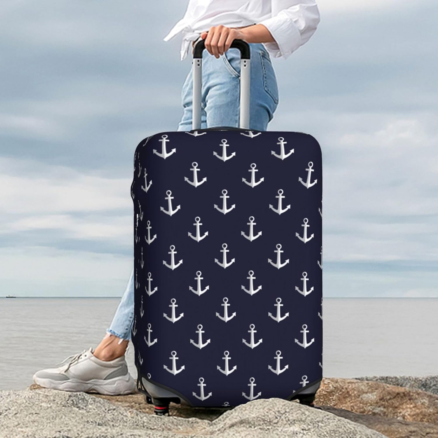 Navy Blue Nautical Anchors Travel Luggage Covers Elastic Washable Sea Style Suitcasee Protector Travel Suitcase Baggage Covers For Kid And Adult Travel Case, S (Fit 18-21 Inch Luggage)
