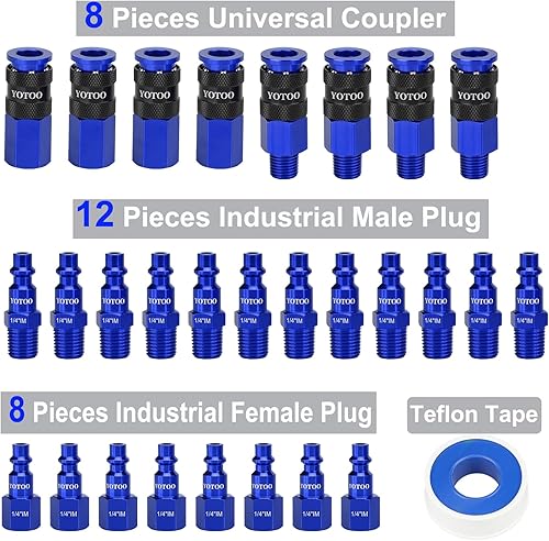 Miniatura 19 de YOTOO Juego de enchufes de aire industriales tipo I/M de 12 piezas con roscas hembra NPT de 1/4 pulgadas, accesorios de aire de aluminio Rojo