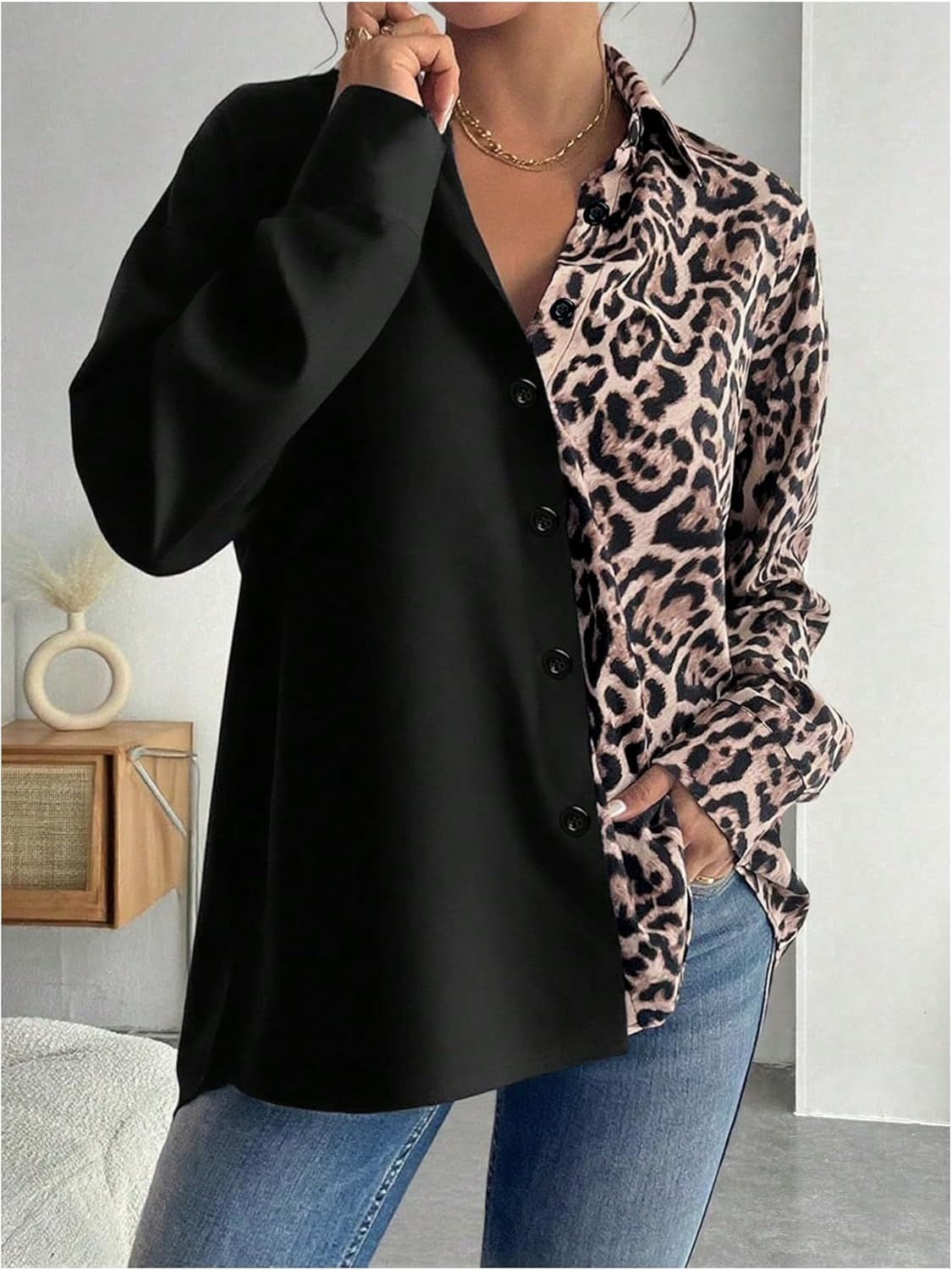 SweatyRocks Women's Leopard Print Color Block Collared Shirt Casual Long Sleeve Button Down Loose Blouse - Image 2