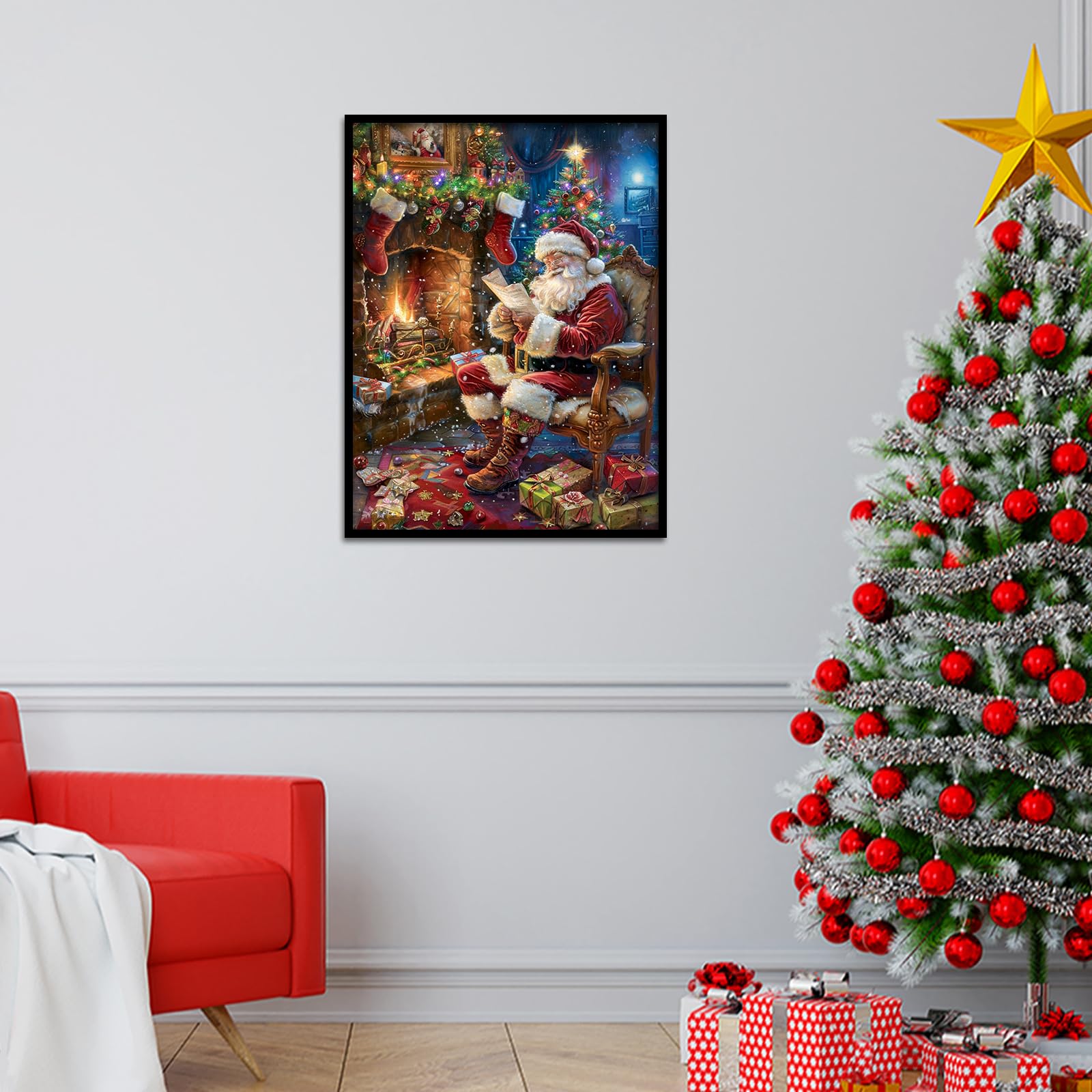 Santa Claus Diamond Painting Kit For Adults - 5D Full Drill Round, 12x12 Inch, Deer Winter Scene