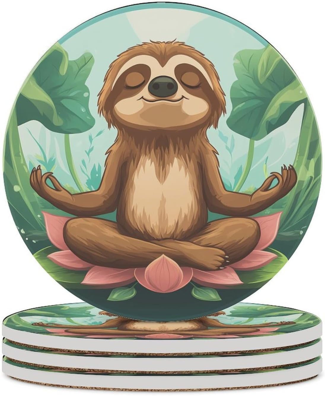 Sloth Lotuses Flower Yoga Coasters for Drink Round Ceramic Coaster with Cork Base Home Decorative 4PCS