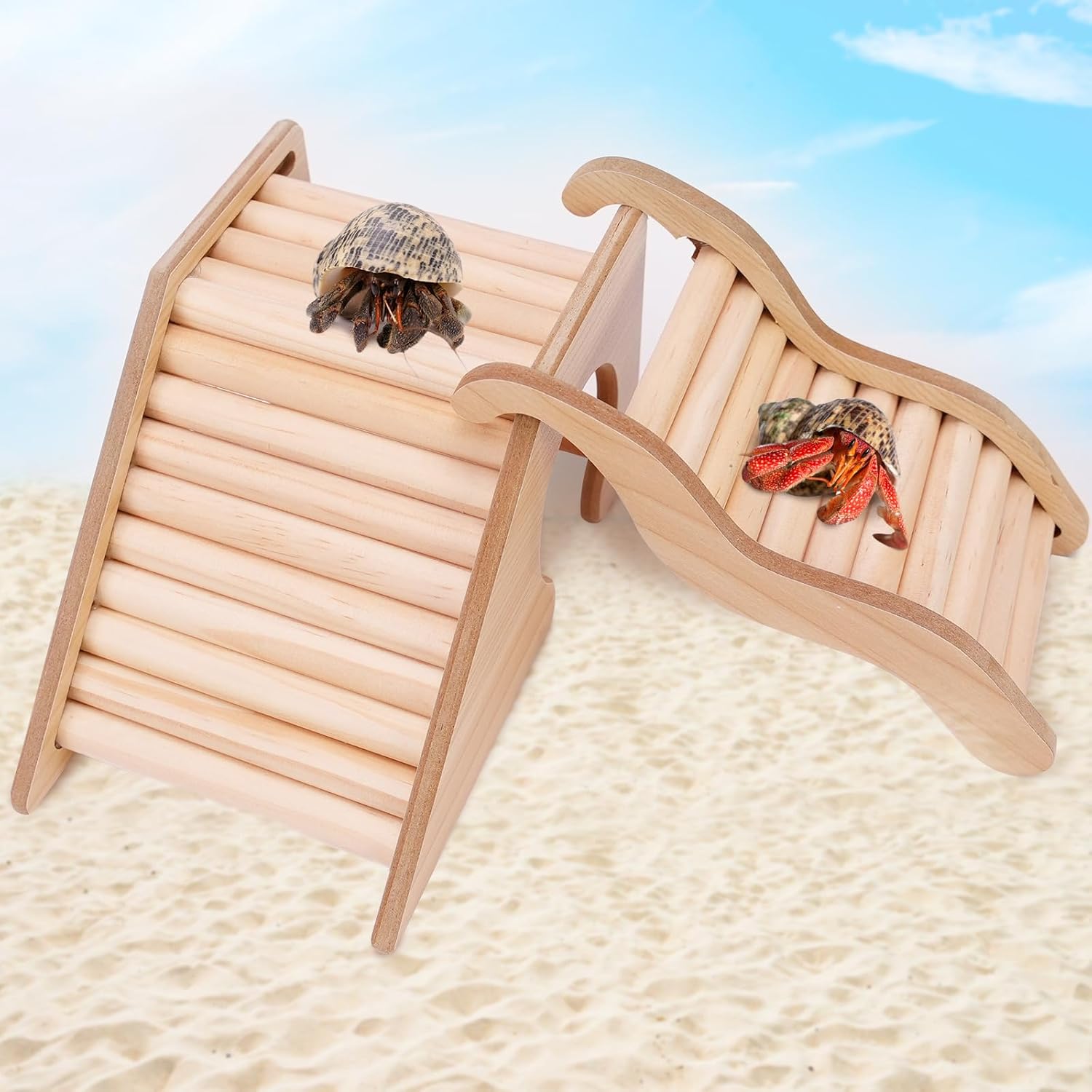Set of 2 Hermit Crab Hideout with Ramp, Wooden Hermit Crab Climibing Toys, Small Animals Habitat for Hamsters, Aquariums Ladder Bridge Ramp Toy, Small Animals Tank Accessories