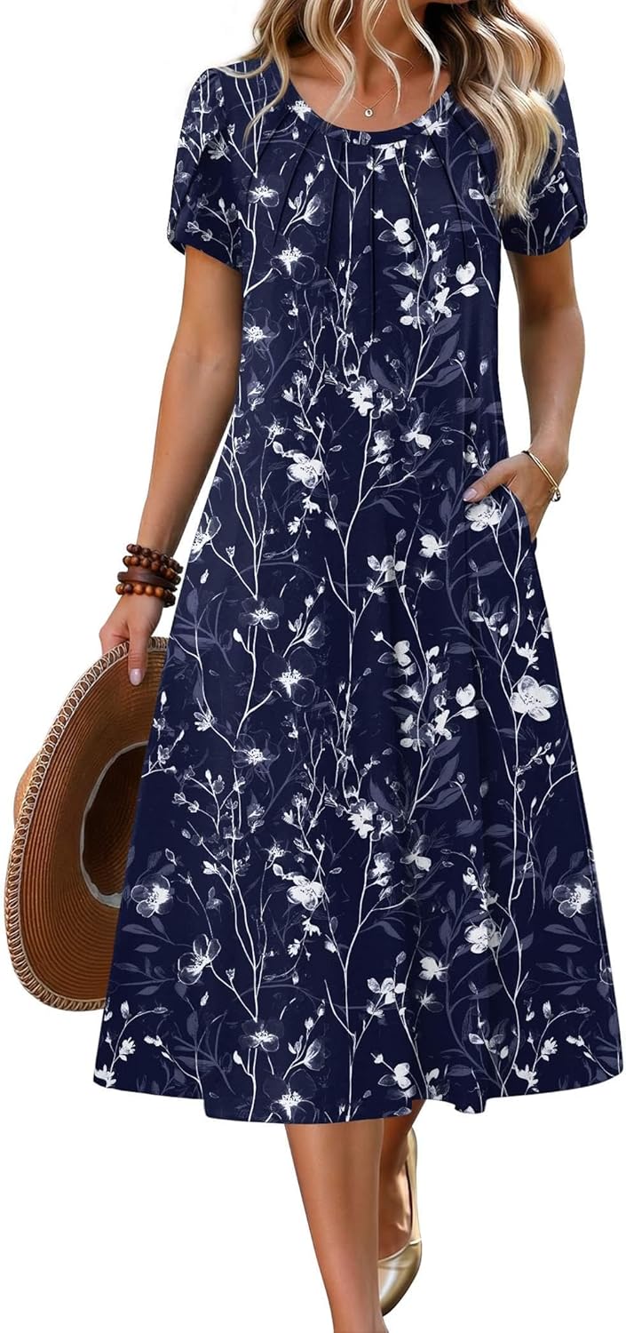 Zeagoo Womens Casual Summer Dress 2026 Petal Short Sleeve Dresses with Pleats Midi A Line Flowy Dress Boho Sundress