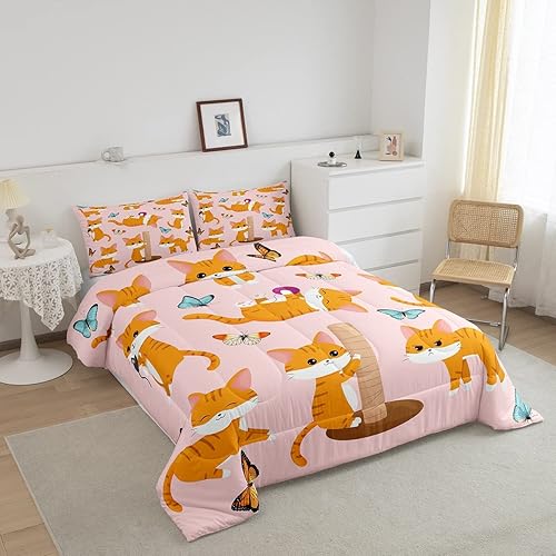 Miniatura 2 de Erosebridal Juego de edredón Kawaii de gato para niños pequeños, juegos de ropa de cama de mariposa, lindo juego de edredón de gatito, relleno de