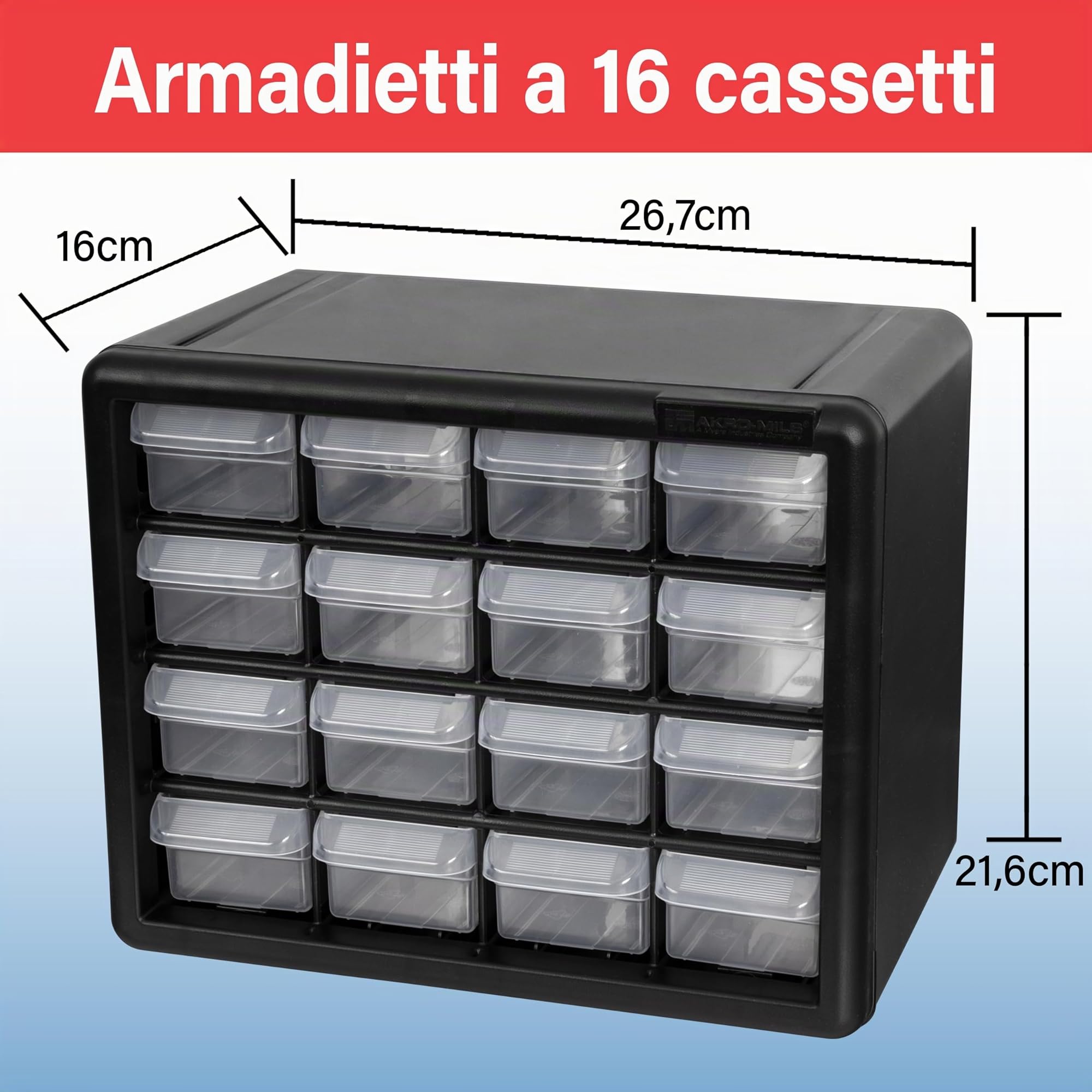 Akro-Mils 10116 16-Drawer Plastic Drawer Storage Cabinet for Garage Organization, Teacher Toolbox, Makeup Organizer, and More, 26,7 cm W x 16 cm D x 21,6 cm H, Black