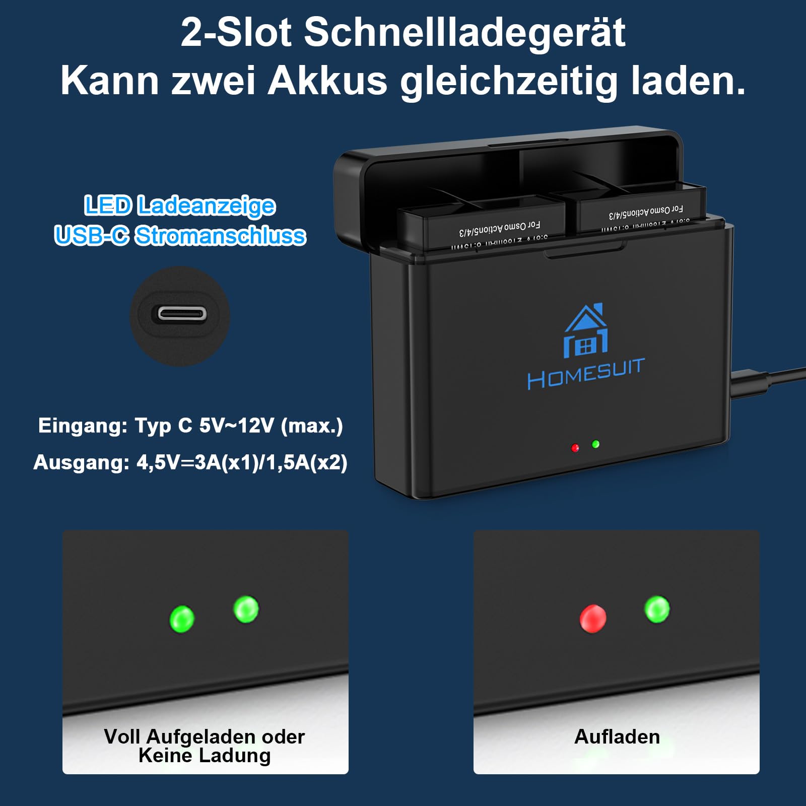 Homesuit Osmo Action 6 5 Pro 4 3 Akku 2100mAh und Dual USB LED Ladegerät Kit für DJI OSMO 360, OsmoAction6, OsmoAction5Pro, OsmoAction4, OsmoAction3 (2er-Pack)