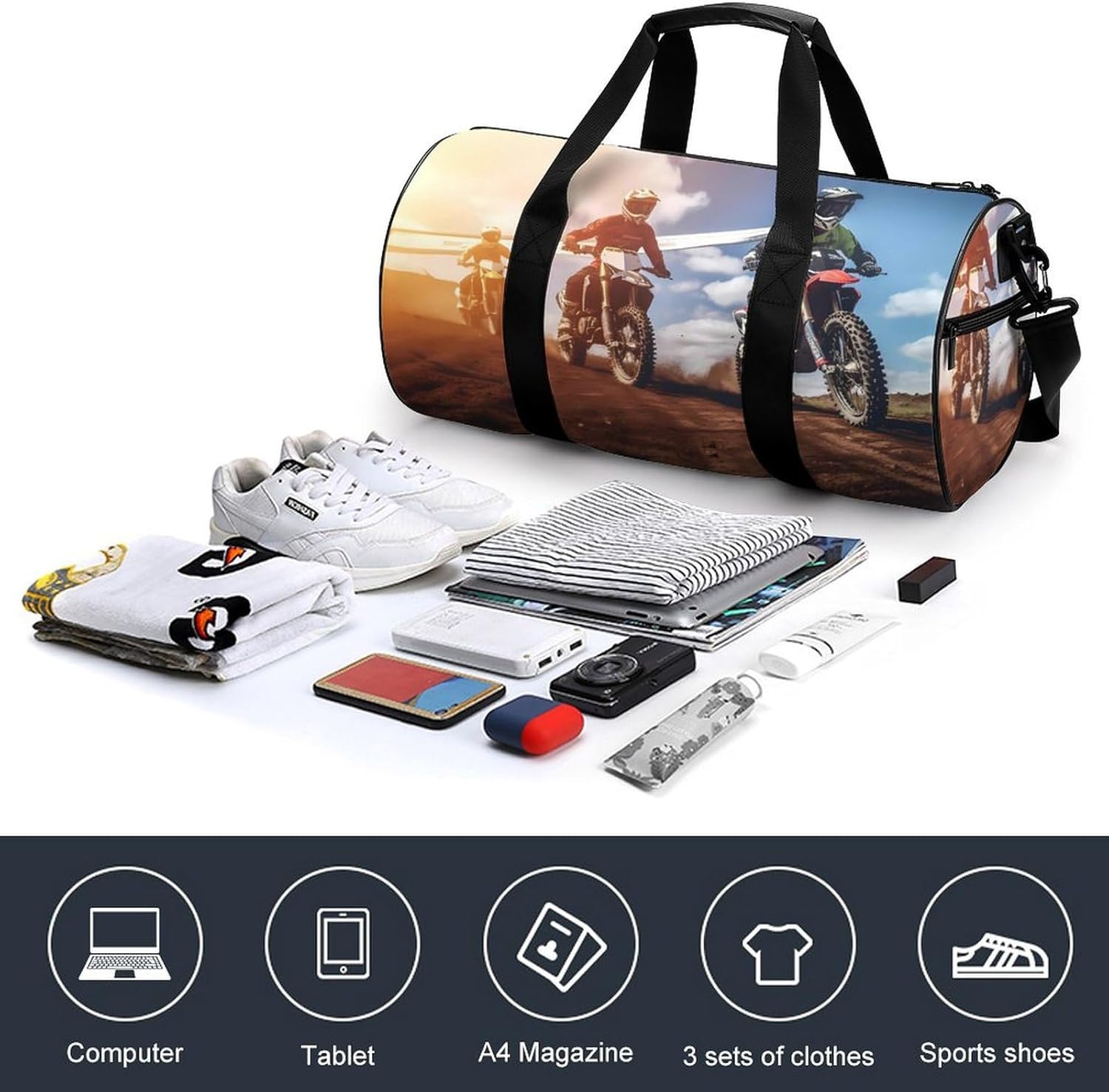 Motorcycle Motorsport Mountain Sunset Print Gym Sport Bag Travel Duffel Bags Weekender Carry on Tote Bags for Women Men