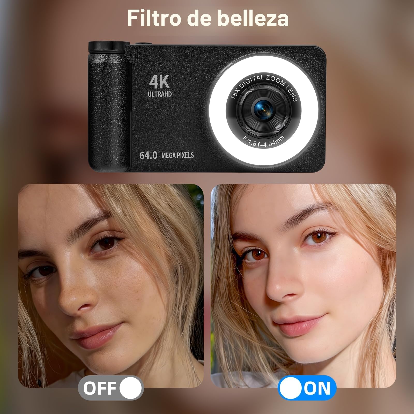 Cámara Digital 4K 64MP con Luz Beauty y Modo Belleza Cámara Digital Portátil con Pantalla Abatible 180° de 3" Zoom Digital 18X con Autofocus Cámara Compacta para Vlogging y Viajes Incluye Tarjeta 32GB