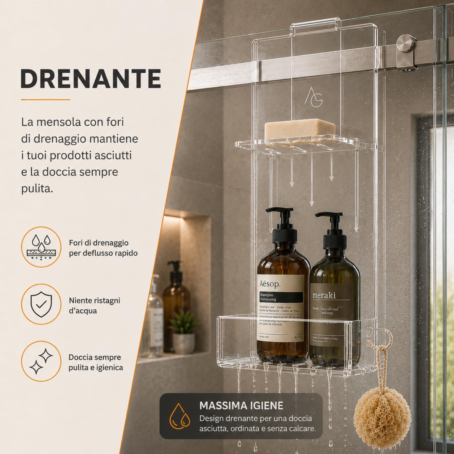 Agplex doccia Portasapone per anta scorrevole senza foratura - Solo per cabine doccia con scorrevole aperto - Facile installazione