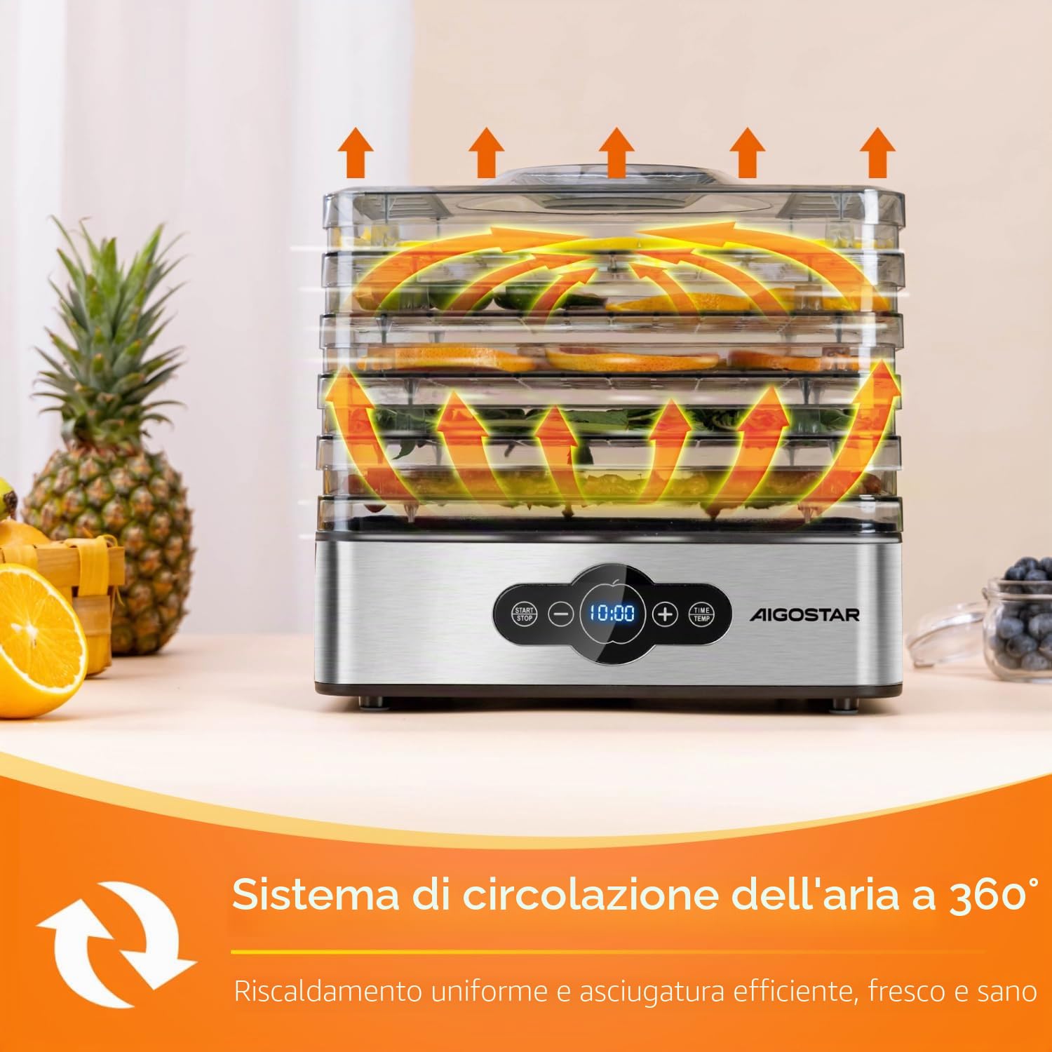 Aigostar Crispy - Essiccatore alimentare, 240W, 5 vassoi, essiccatura automatica, ottimo per frutta, carne, verdura ecc. controlli digitali, impostazione manuale di tempo e temperatura. Senza BPA.