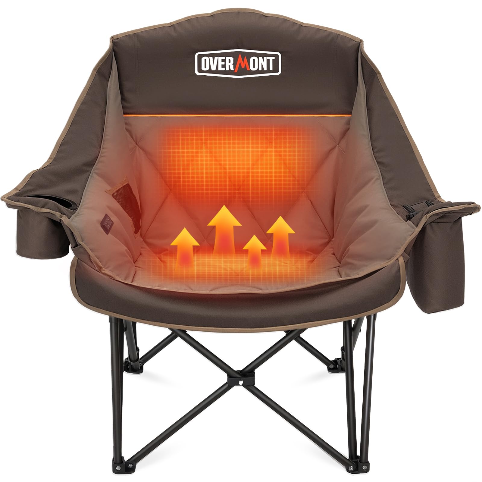 OVERMONT Oversized XL Heating Camping Folding Chair for Adults - 450lbs Support Heavy-Duty Padded Folding Chair with Side Pocket Cup Holder for Outdoor Sports Garden Beach Fishing Lawn Khaki