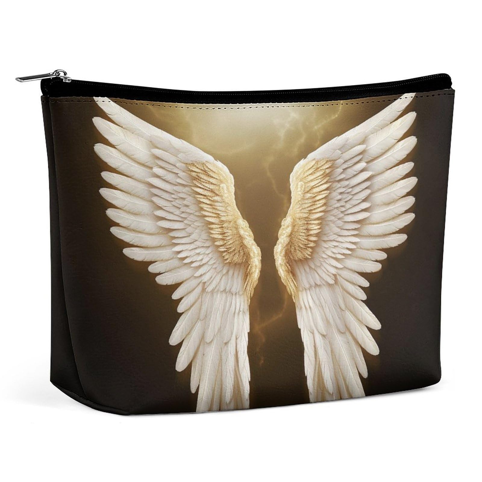 Travel Makeup Bags PU Leather Angel Wing Cosmetic Bag with Zipper Large Toiletry Bag for Women Waterproof Portable Makeup Case Organizer Cute Zipper Pouch Make Up Bags