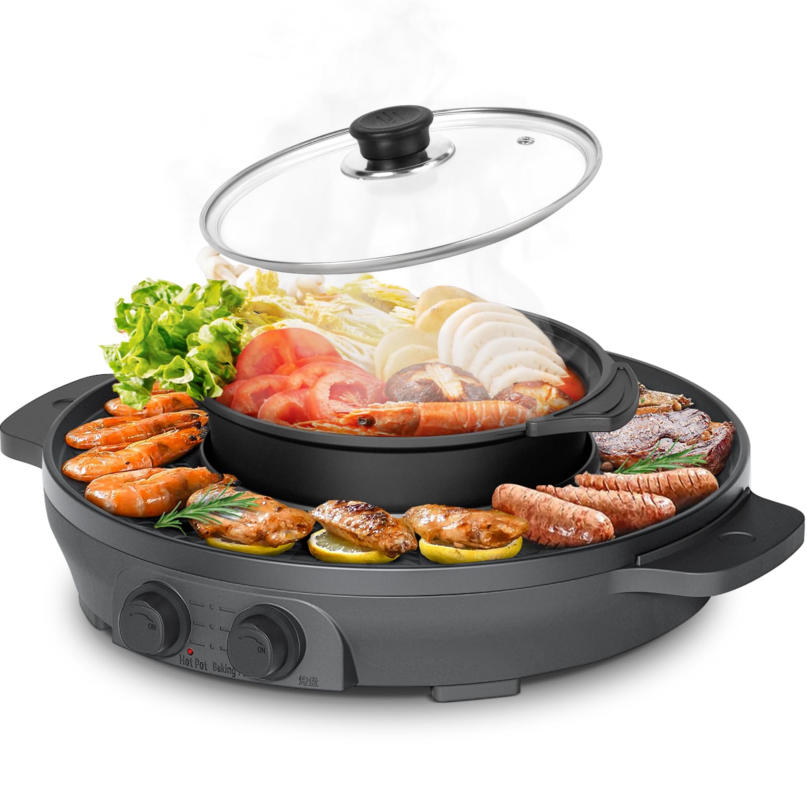 Elektryczny garnek 2 w 1, 2000 W, elektryczny garnek i grill, grill elektryczny 2 w 1, równomierne ogrzewanie z niezależnym (39 cm – zdejmowane garnki do zupy)