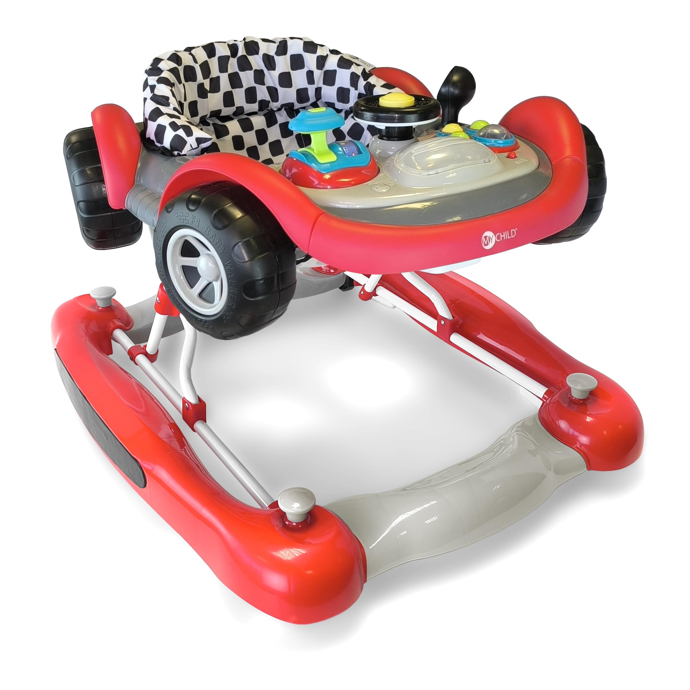 MyChild Coupe Walker, Red, 3 in 1 - Activity Centre Baby Walker - Easy Compact fold Frame for Storage - 6 Months + Anti Fall Blocks for Extra Safety and 3 Height Adjustment