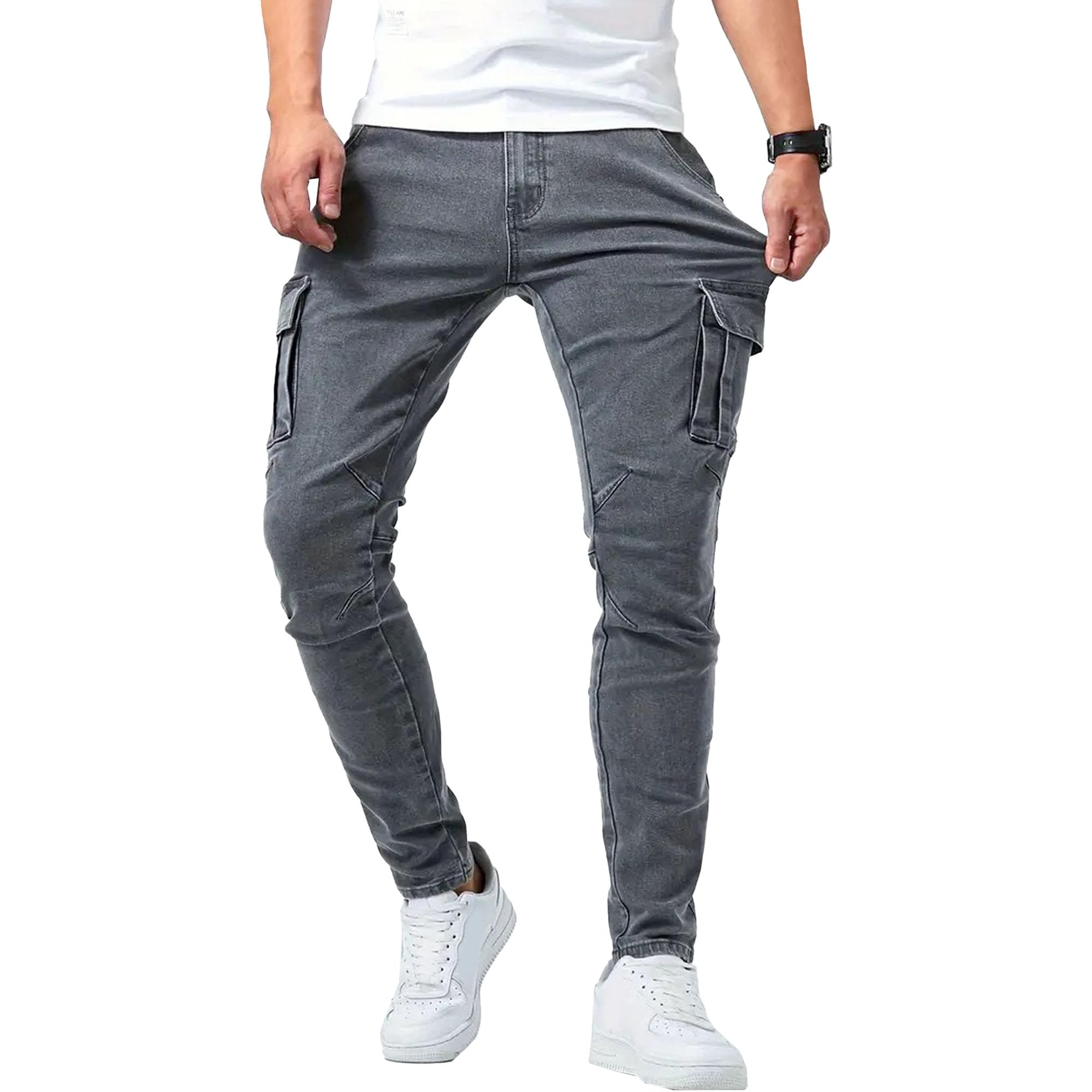 Men's Cargo Skinny Jeans Slim Stretch Denim Pants Fashion Casual Streetwear Jean Trousers with Multiple Pocket (Gray,XX-Large)