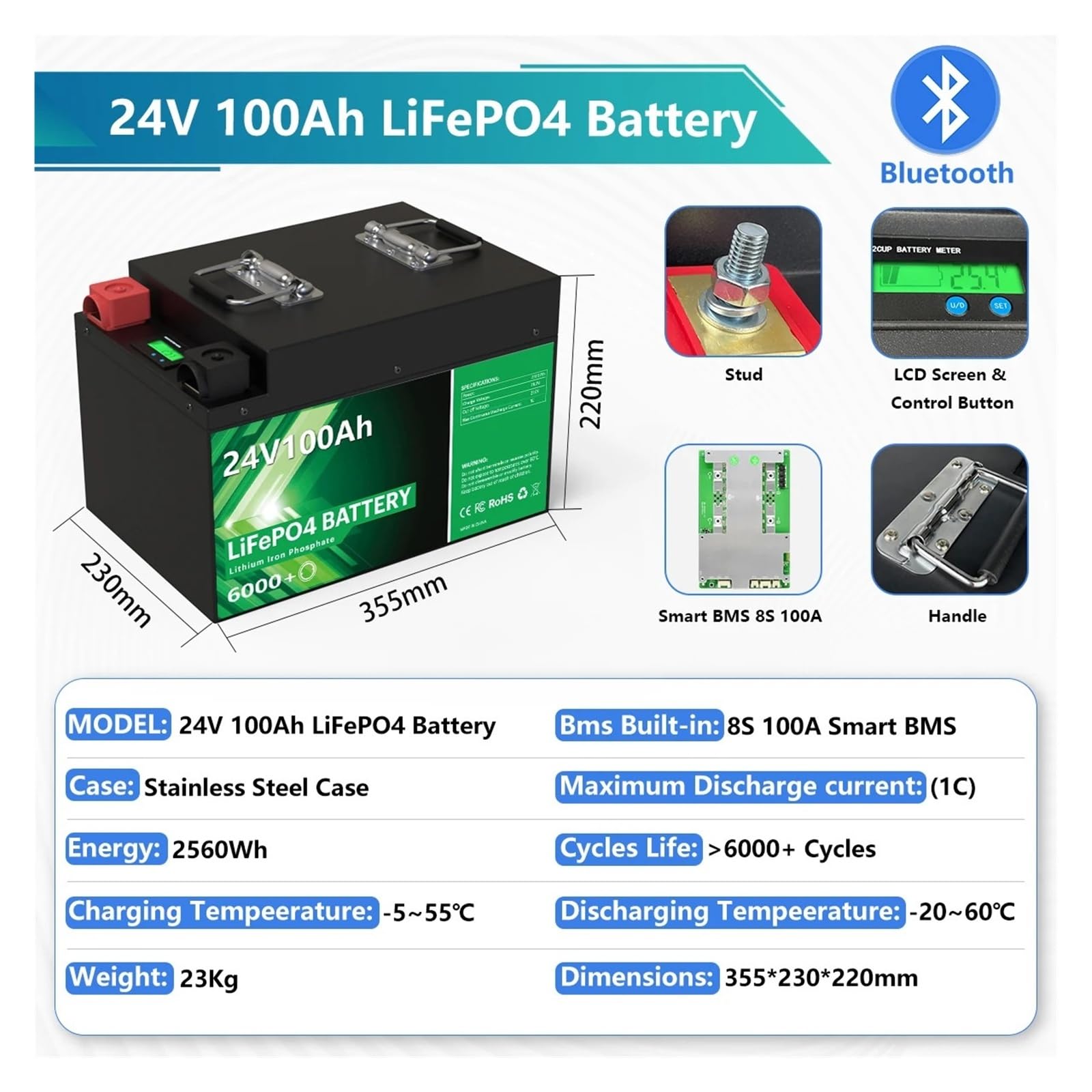 Batería de litio LiFePO4 de 24 V y 340 Ah con BMS integrado, 8,7 kWh, más de 6000 ciclos. Compatible con Bluetooth, sistemas solares domésticos, autocaravanas y carritos de golf.(24V 100Ah Bluetooth)