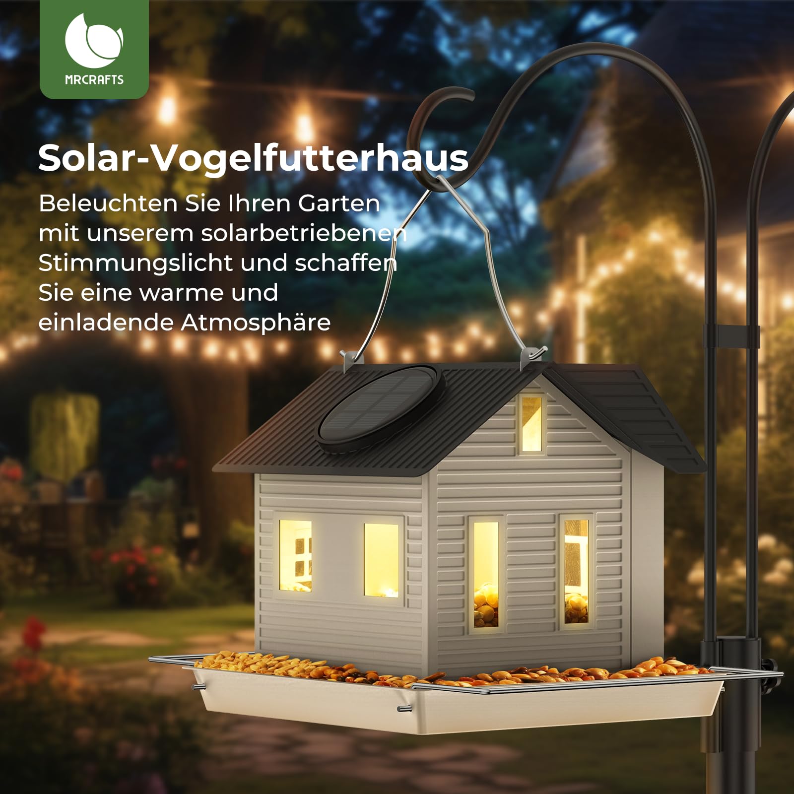 MrCrafts Solar-Vogelfutterspender – Hängendes Vogelhaus aus Metall mit Solarlicht, Gartendekoration, Einzigartige Geschenke, Bird House, Bird Feeder