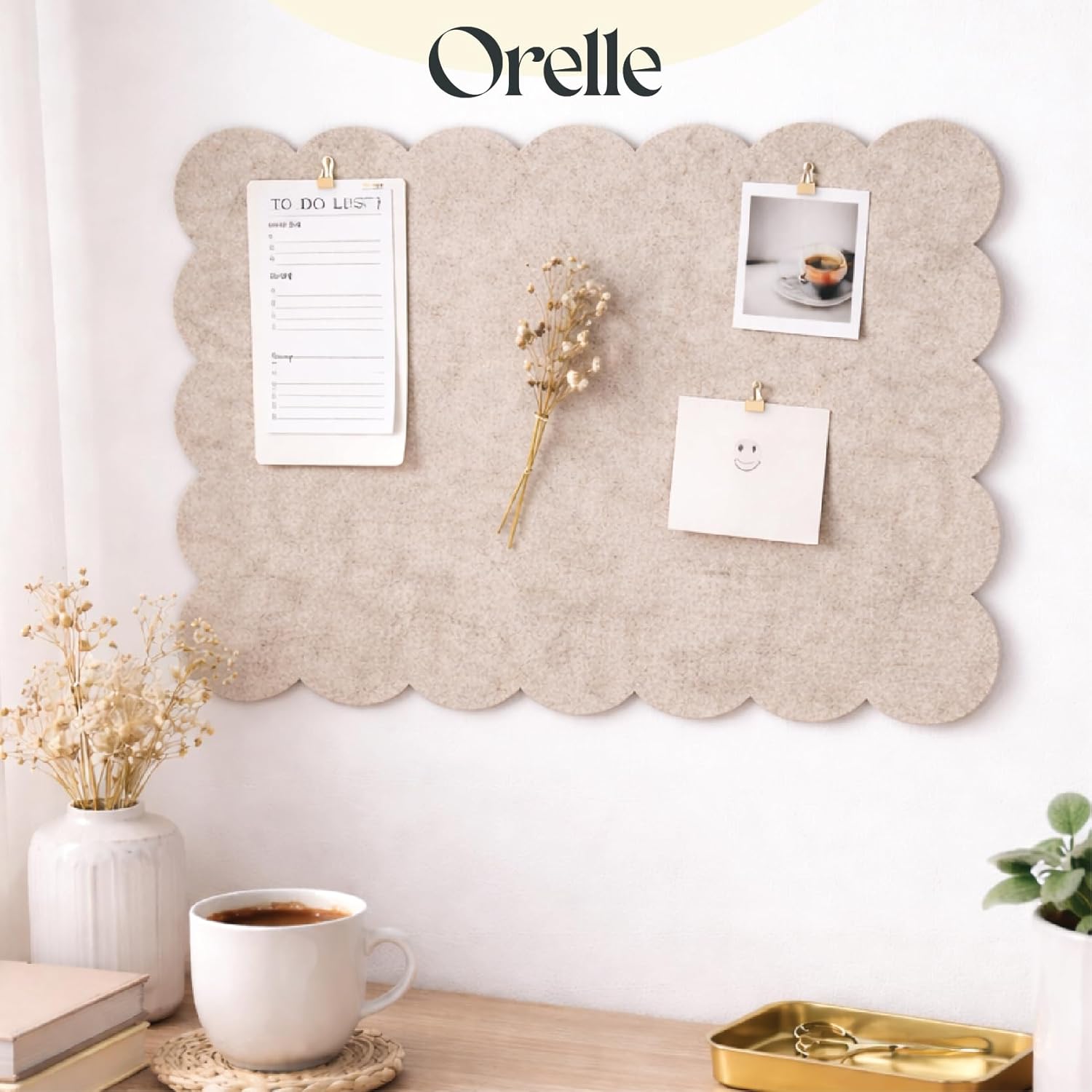 Orelle Scalloped Felt Bulletin Board | 35 x 23” | Foldable Peel and Stick Felt Board for Wall | Alternative Cork Board for Office, Message Board, Kids Art Display | Beige