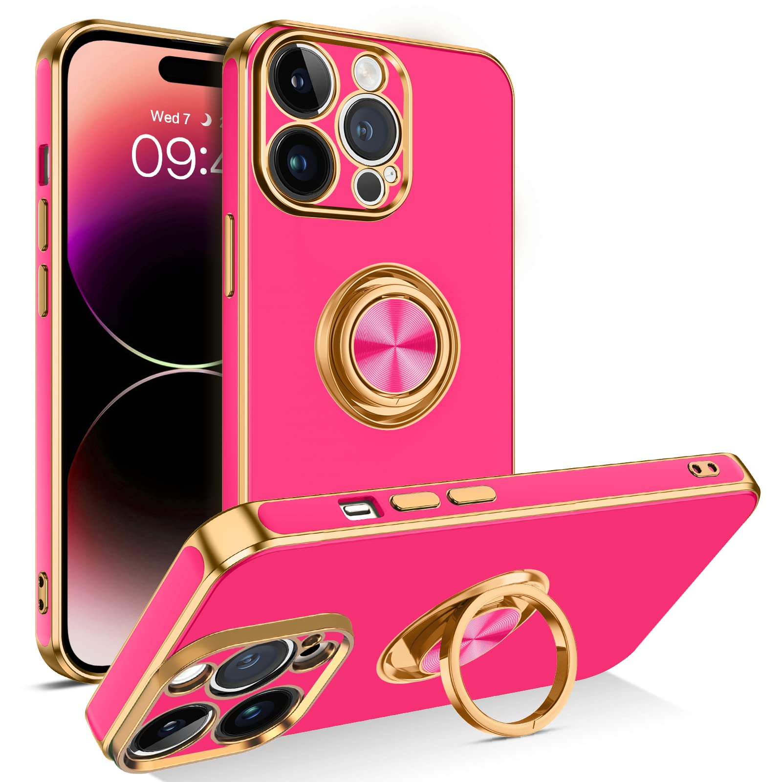 BENTOBEN iPhone 14 Pro Max Case, Slim Lightweight 360° Ring Holder Kickstand Support Car Mount Shockproof Women Men Non-Slip Protective Case for iPhone 14 Pro Max 6.7", Hot Pink/Gold