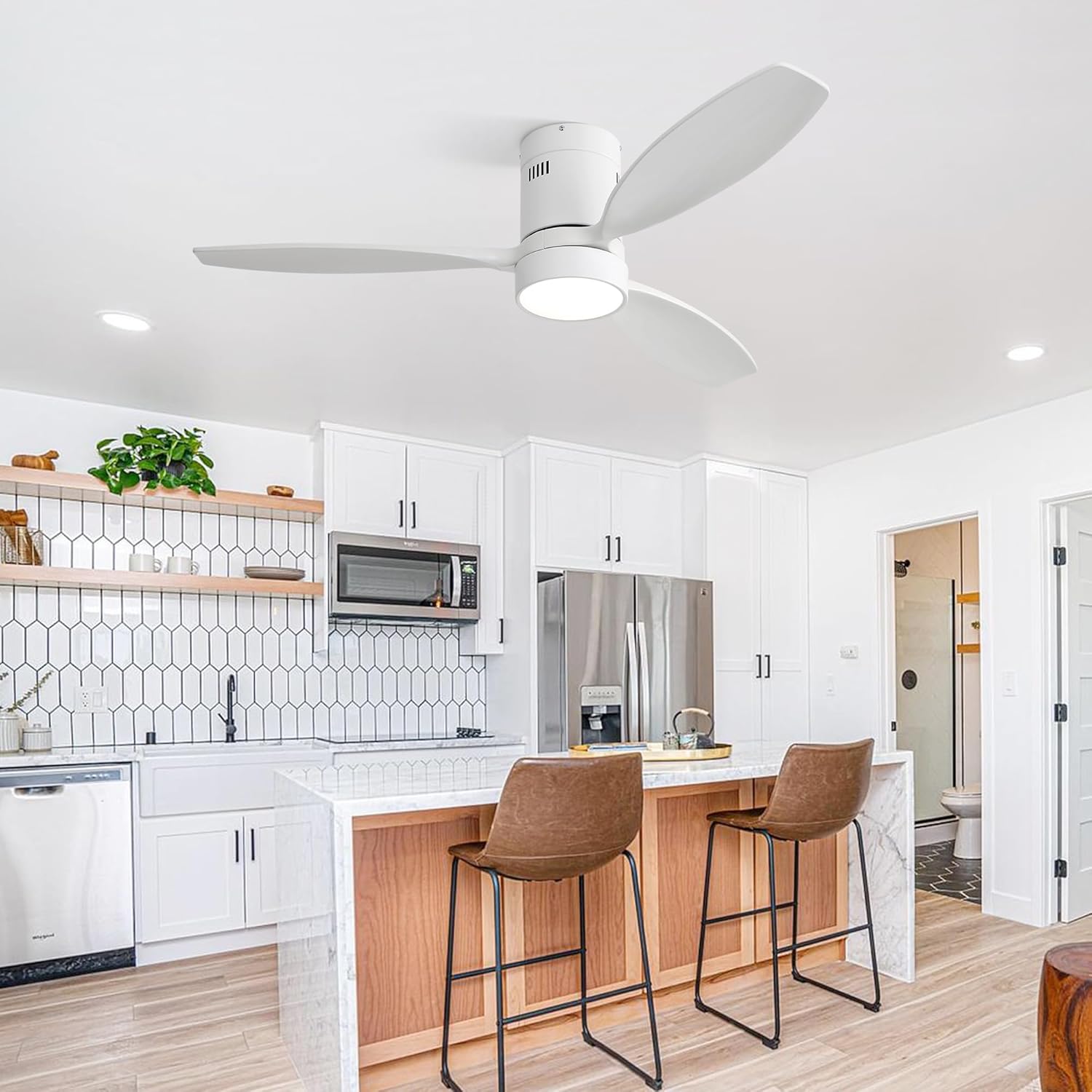 52 Inch Flush Mount Solid Wood Ceiling Fan with 6 Speed Remote Control Reversible DC Motor for Home