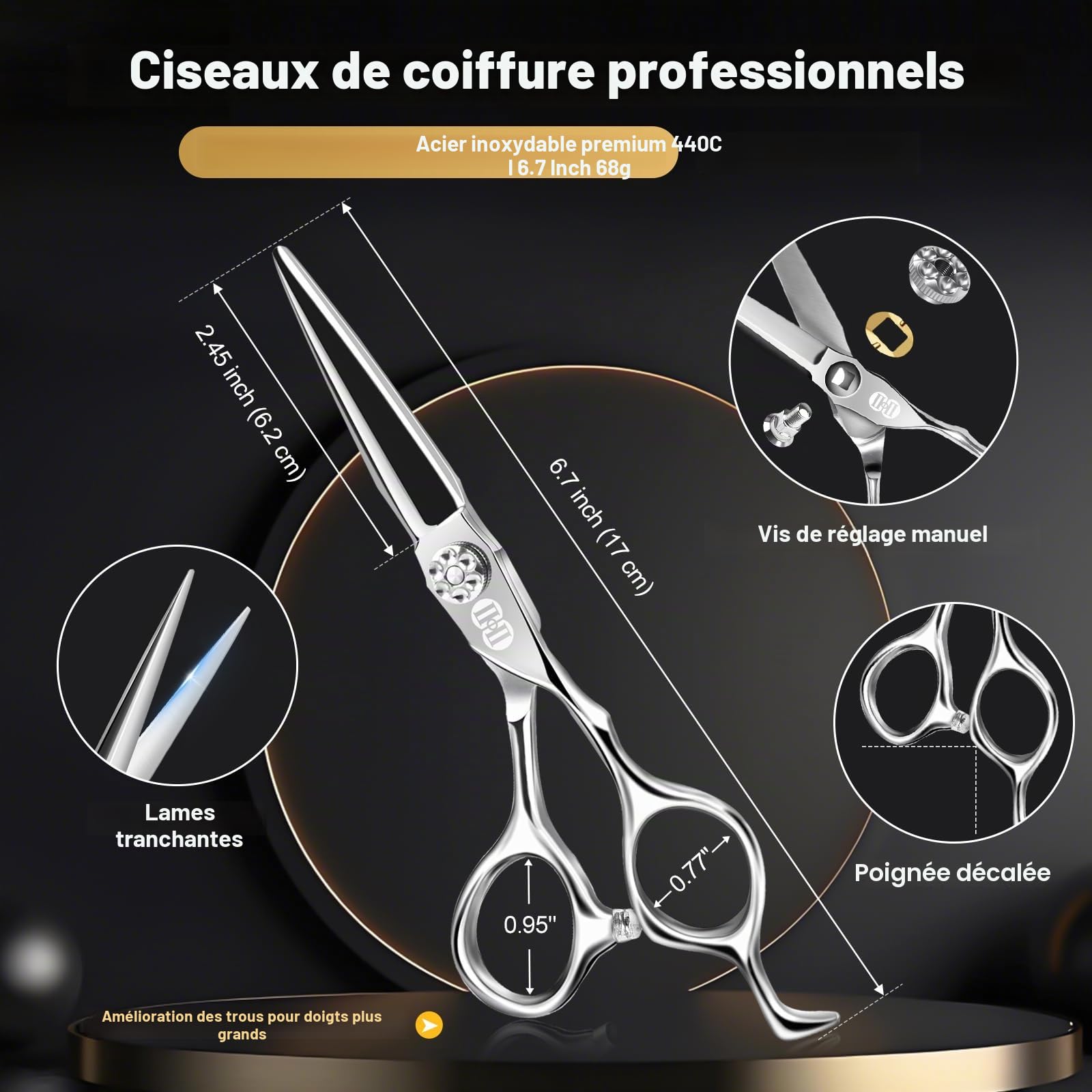 Ciseaux Coiffure Professionnel 440C 6,7 Pouces Ciseaux de Coiffure pour Coiffeurs Stylistes