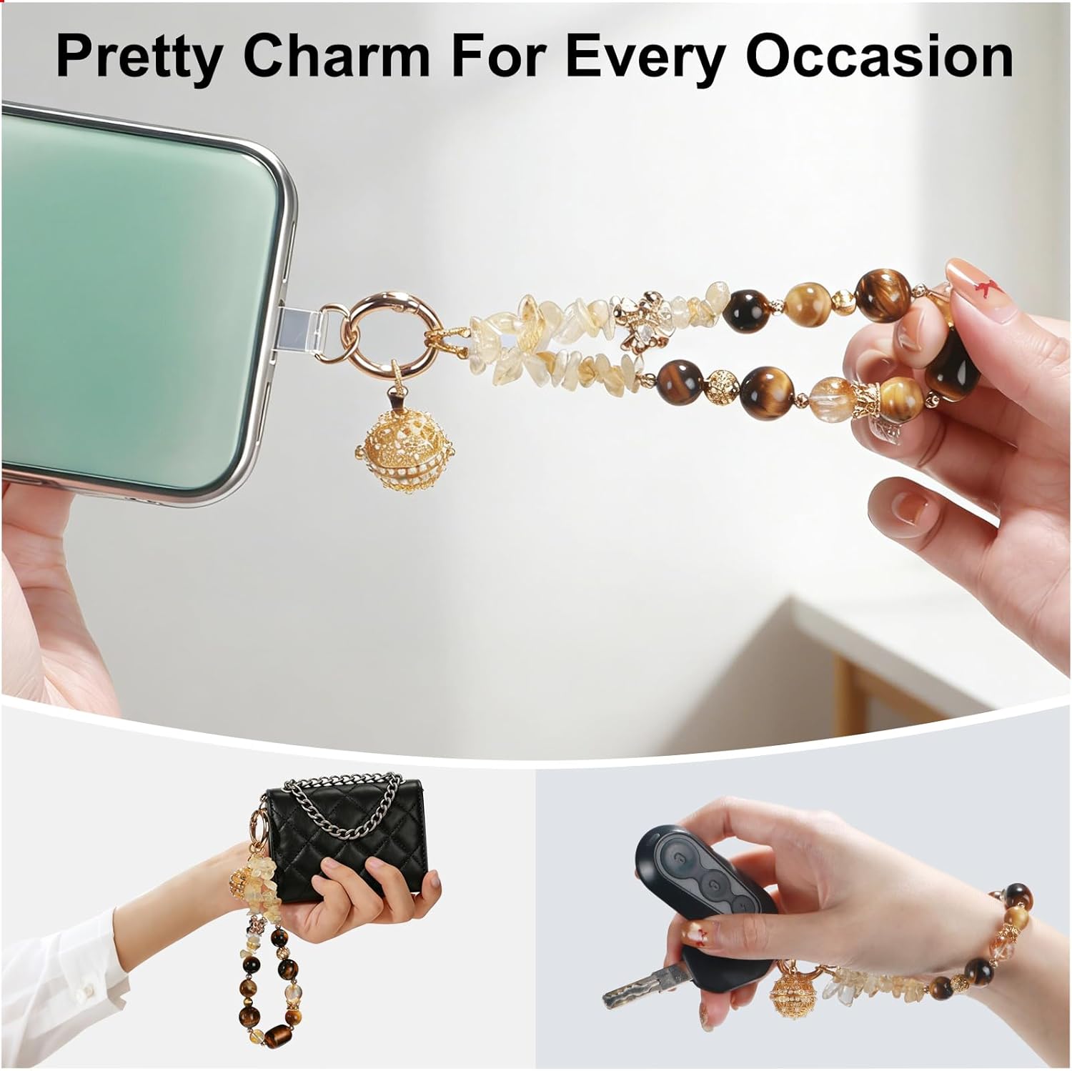 TEAMOLA Natural Stone Phone Charm, Handmade Crystal Cellphone Chain for Universal, Beaded Healing Anti Theft Phone Wrist Strap with Tether Tab, Citrine & Tiger's Eye & Aromatic Ball Pendant