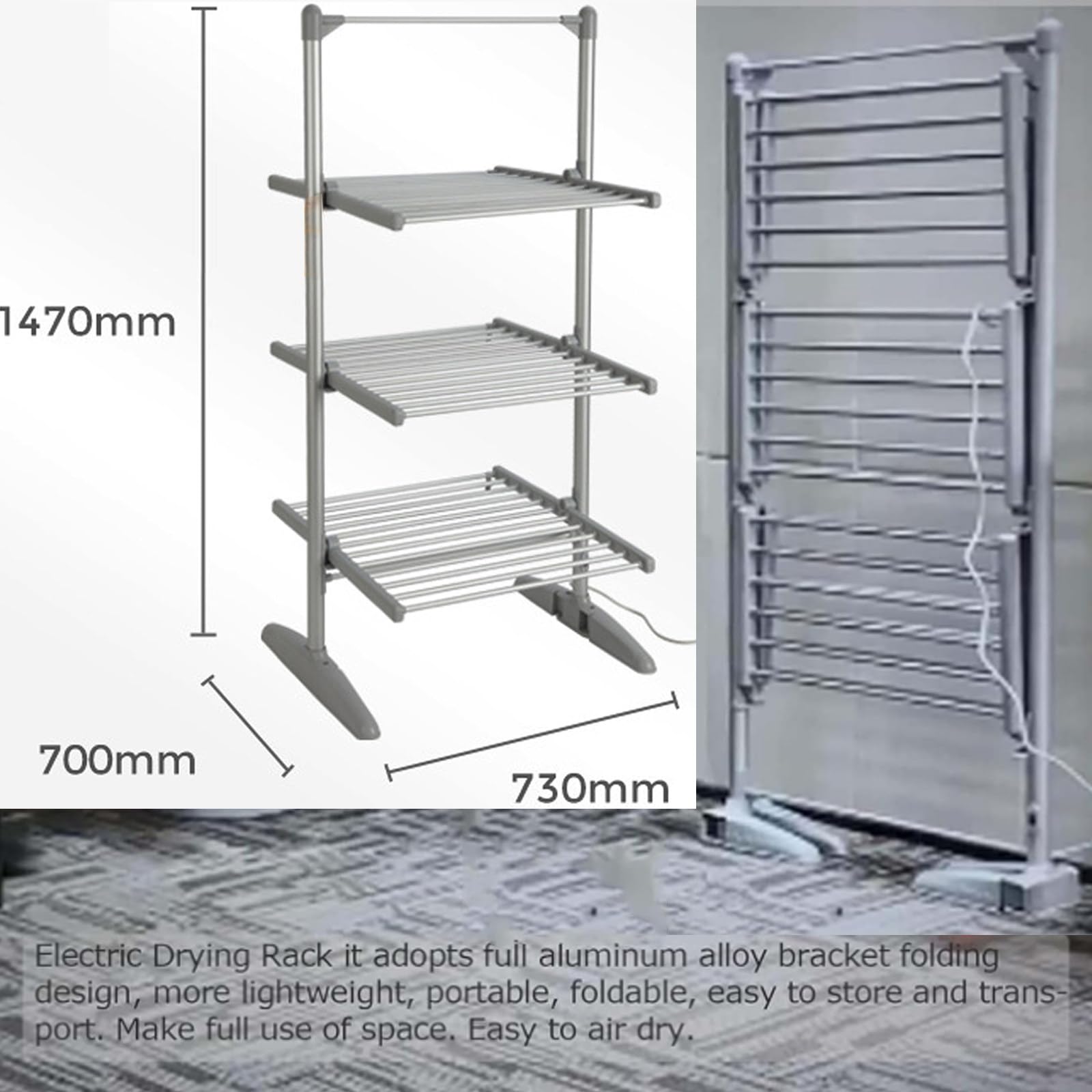 Stendibiancheria Riscaldato,Stendibiancheria Pieghevole,Ripiani Per Pavimento Per Vestiti Con Riscaldamento Elettrico A 3 Livelli,Telaio Per Stendibiancheria In Alluminio-Carico 30 Kg,Silver