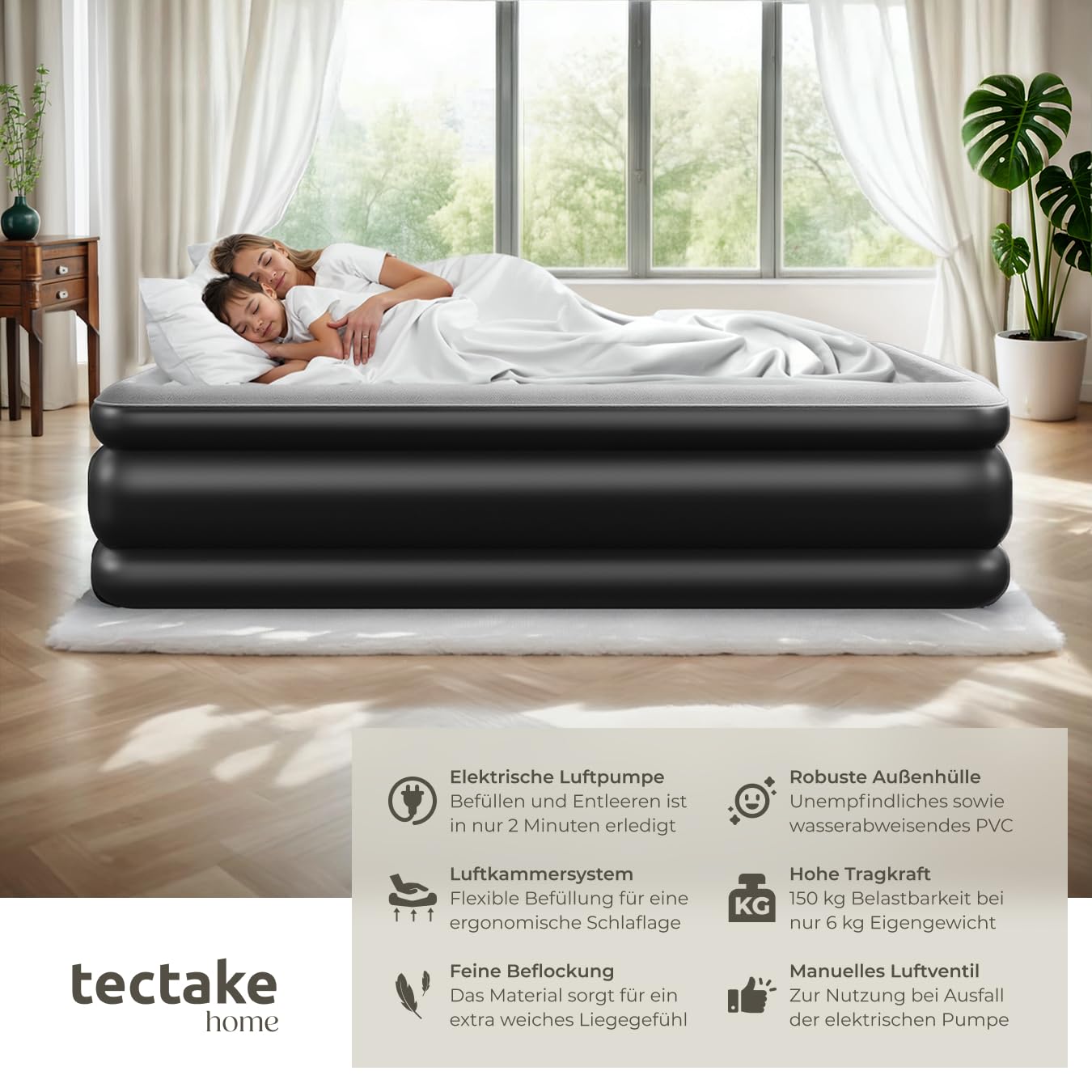 tectake® aufblasbare Matratze, Schlafmatratze, Bett mit Elektropumpe, Luftmatratze selbstaufblasend, Luftbett, Reisebett für Camping, als Gästebett, mit Transporttasche - 200 x 101 x 44 cm