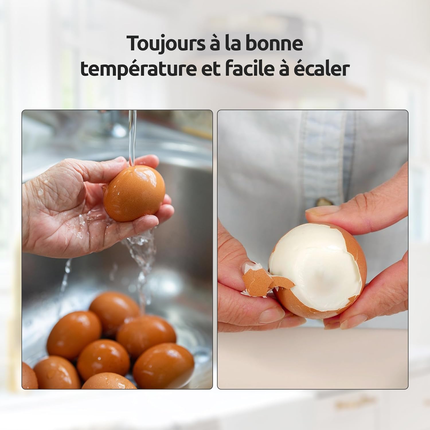 Two images side-by-side: on the left, a hand piercing an egg with the measuring cup's built-in piercer; on the right, a hand peeling a perfectly cooked egg.