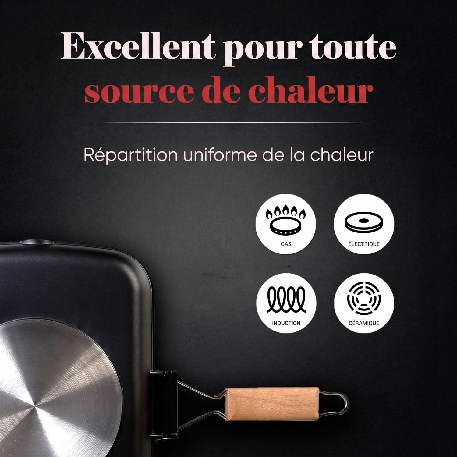 WECOOK! Ecostone Poêle à Griller Induction Ondulé, 34 x 24 cm, Antiadhésive ILAG Écologique sans PFOA, Fonte d'Aluminium, Épaisseur 5 mm, Poignée en Bois Pliable, Vitrocéramique, Gaz