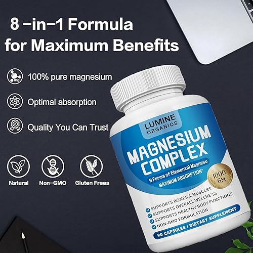 Miniatura 3 de Lumine Organics Suplemento Complejo de Magnesio 1000mg - Mezcla avanzada de magnesio 8 en 1 - glicinato, citrato, malato, taurato, etc. Fórmula de