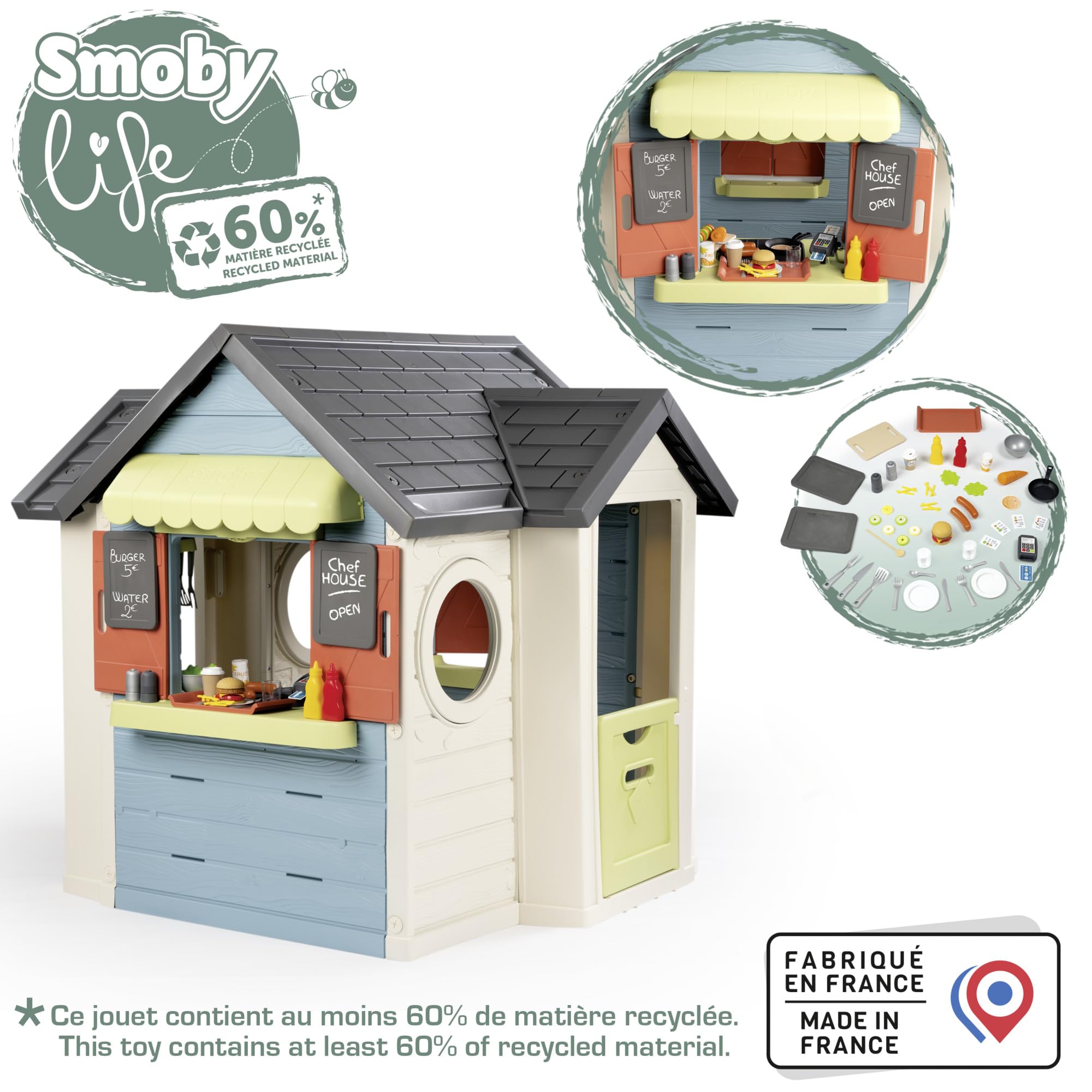 Smoby Life Chef House - Casa Restaurante de Juguete y Cocina para Niños, 48 Accesorios, Caja Registradora, Cocina, Juguete Educativo, protección Anti-UV, Material Reciclado, +2 Años (7600810407)