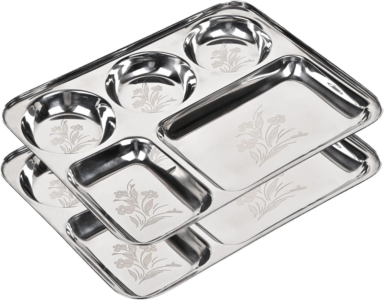 Stainless Steel Laser Partition Plate with Compartments 4 in1 / Bhojan Thali / Compartment Dinner Plate Set of 2